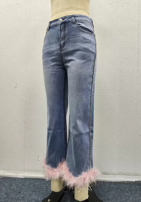 Sequin Feather Trim Straight Jeans