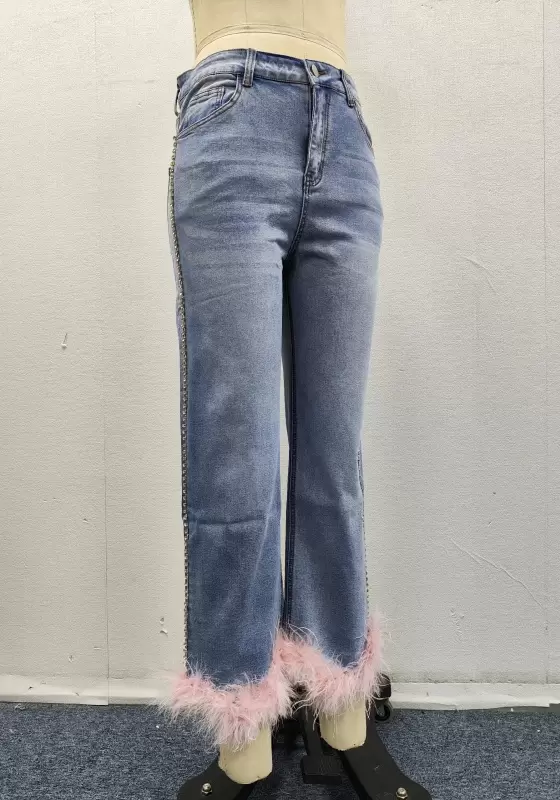 Sequin Feather Trim Straight Jeans