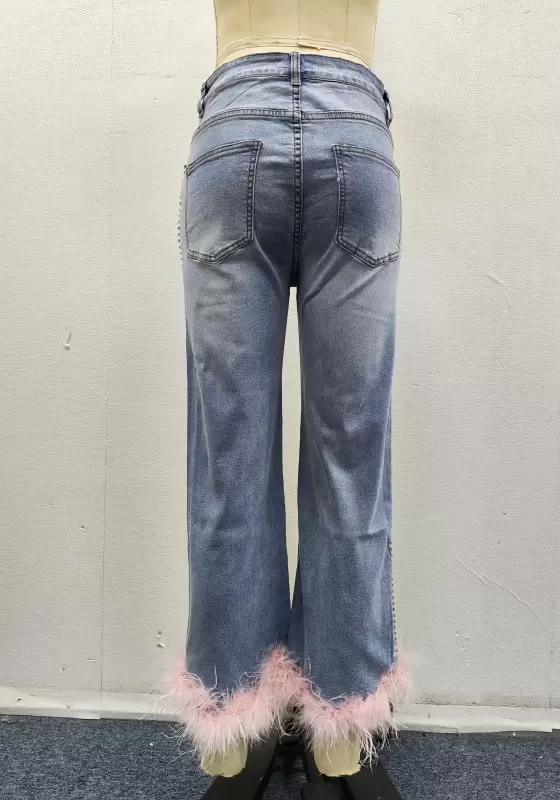 Sequin Feather Trim Straight Jeans