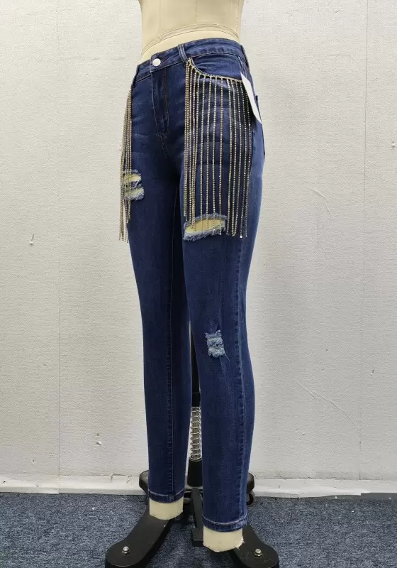 Chain Design Skinny Destroyed Jeans​