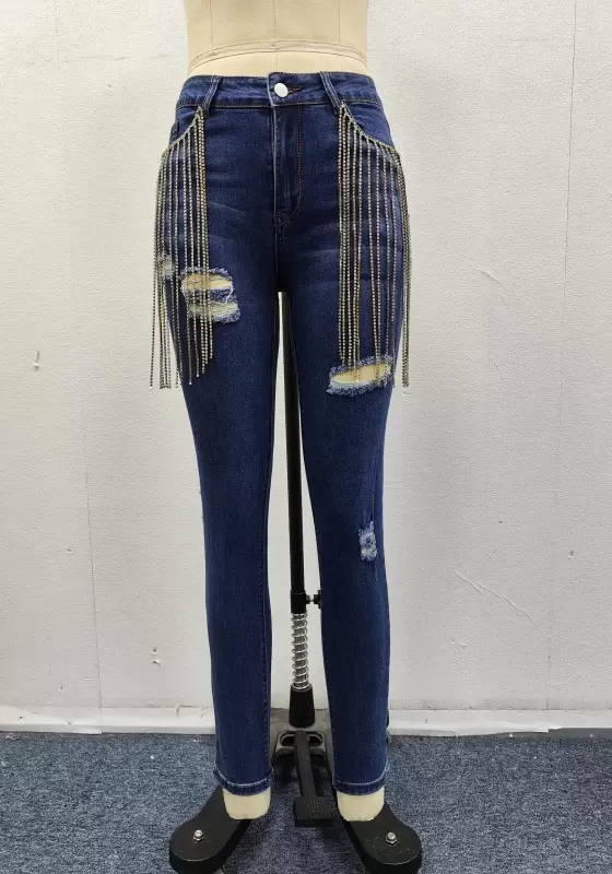 Chain Design Skinny Destroyed Jeans​