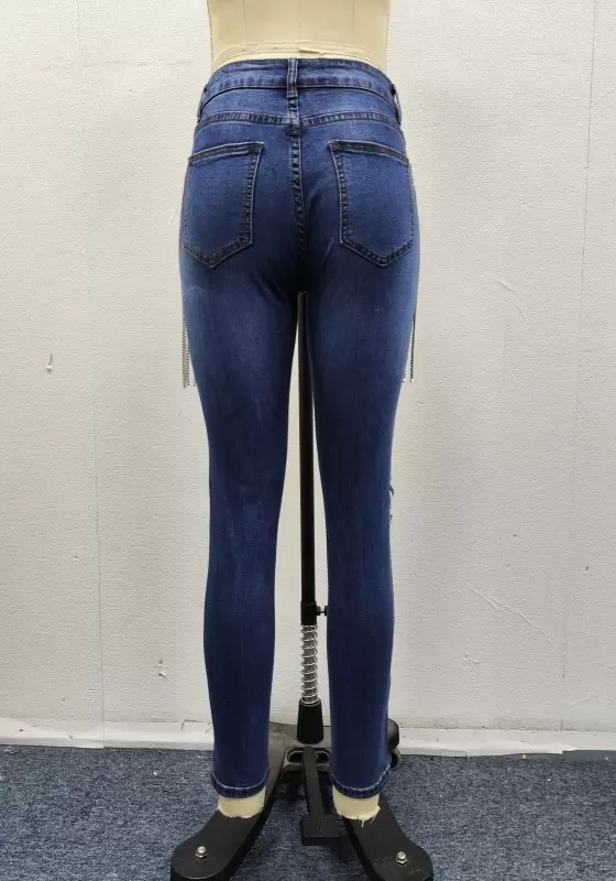 Chain Design Skinny Destroyed Jeans​