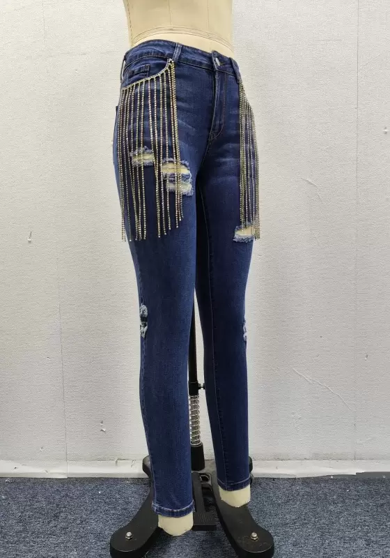 Chain Design Skinny Destroyed Jeans​