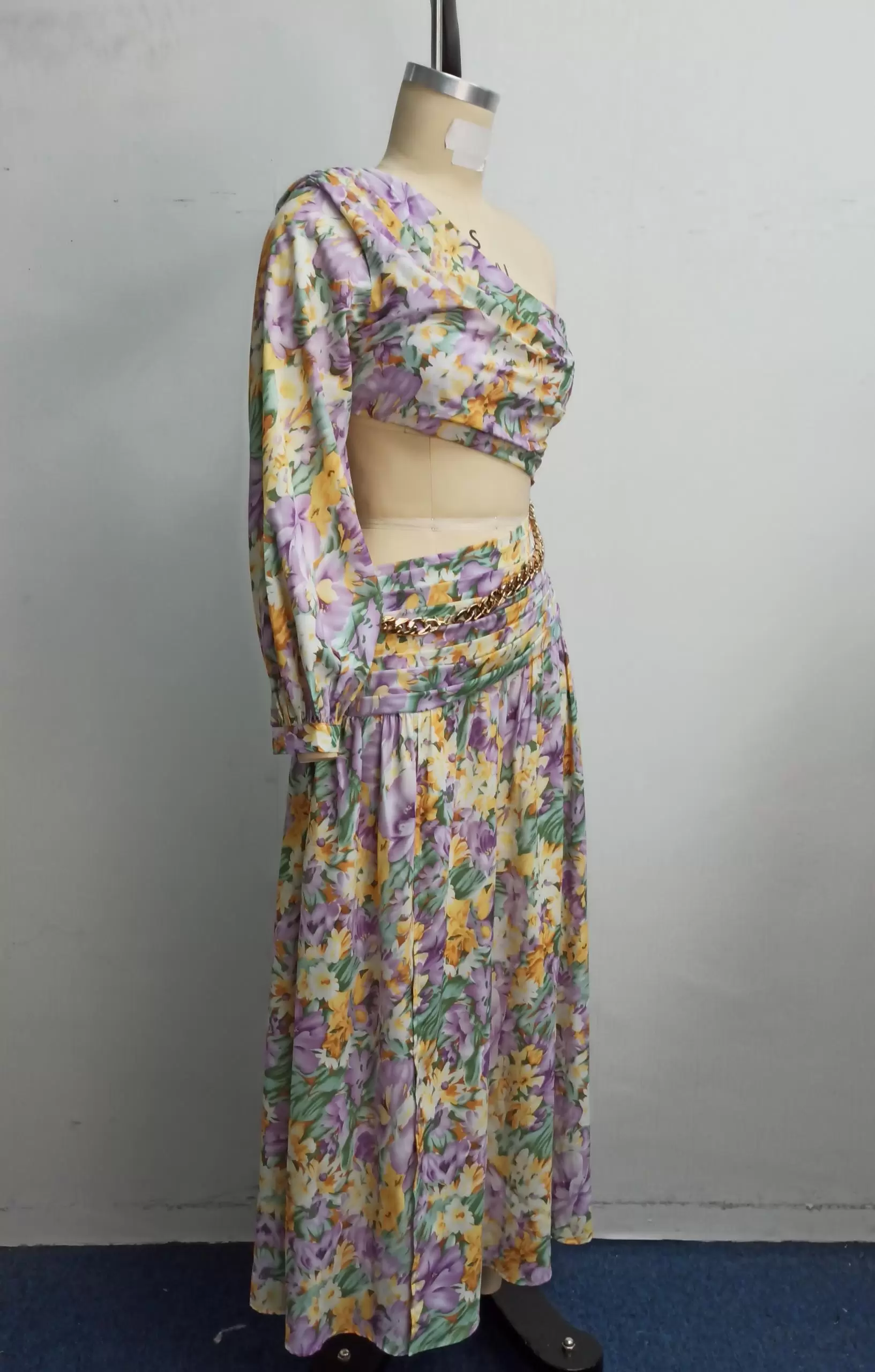 Elegant Bohemian Style Women Floral One Shoulder Maxi Dress With Chain Belt