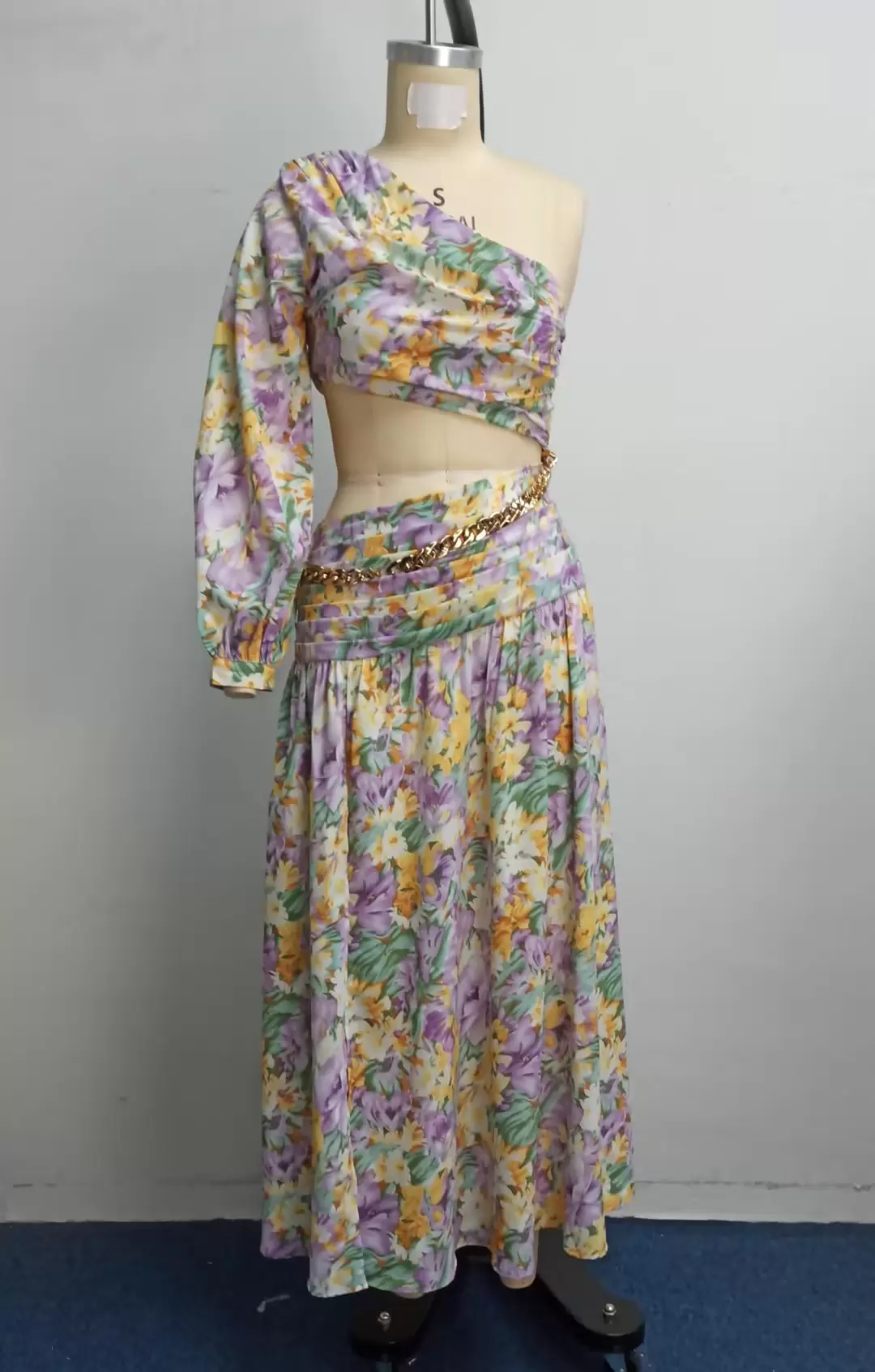 Elegant Bohemian Style Women Floral One Shoulder Maxi Dress With Chain Belt
