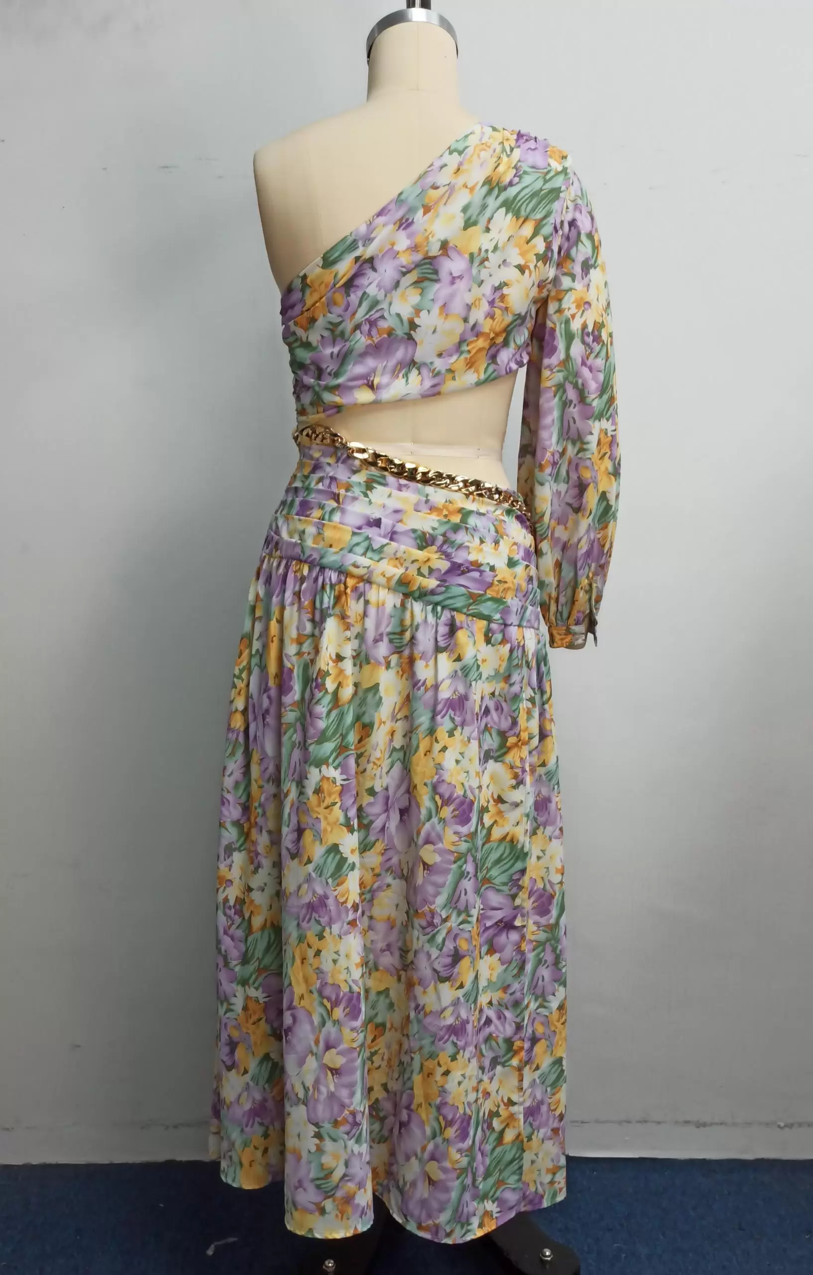 Elegant Bohemian Style Women Floral One Shoulder Maxi Dress With Chain Belt