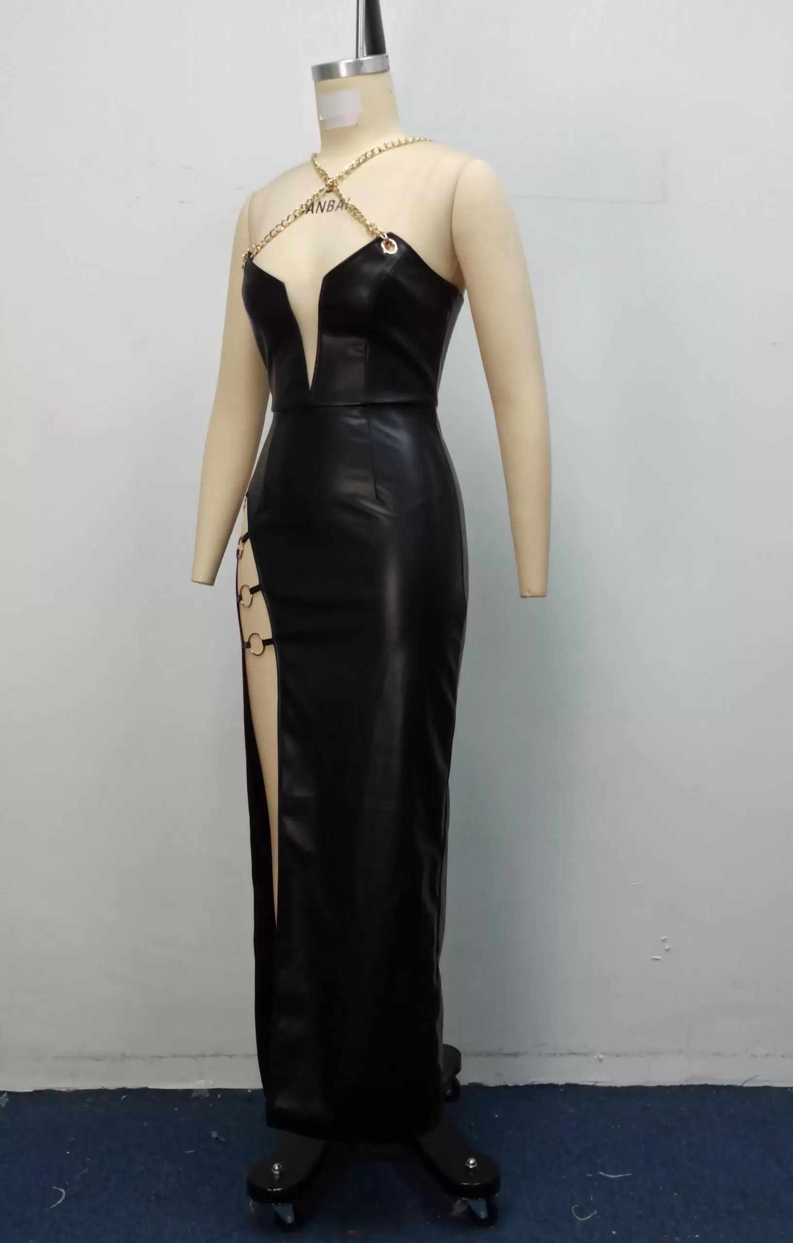 Women Black Leather Cut Out Split Maxi Dress With Gold Chain Details