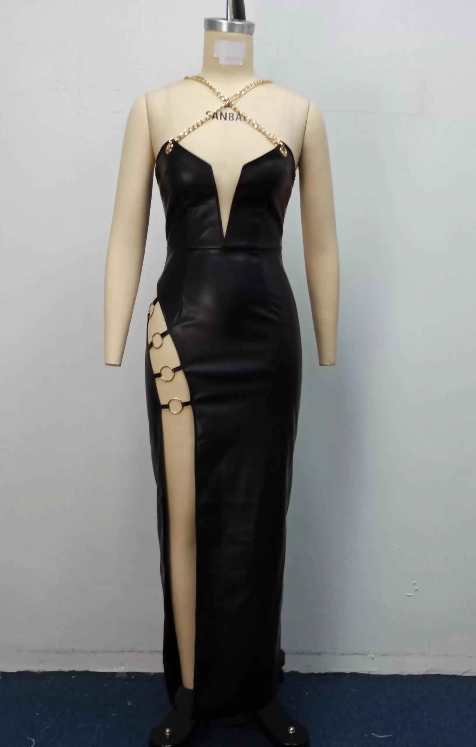 Women Black Leather Cut Out Split Maxi Dress With Gold Chain Details