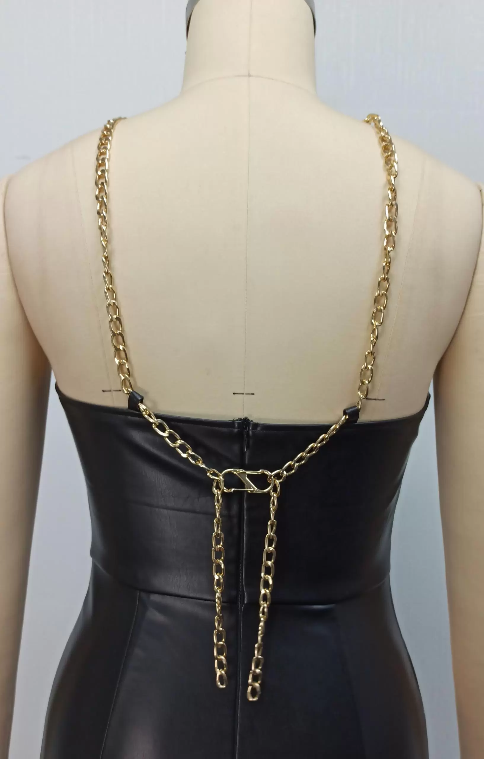 Women Black Leather Cut Out Split Maxi Dress With Gold Chain Details