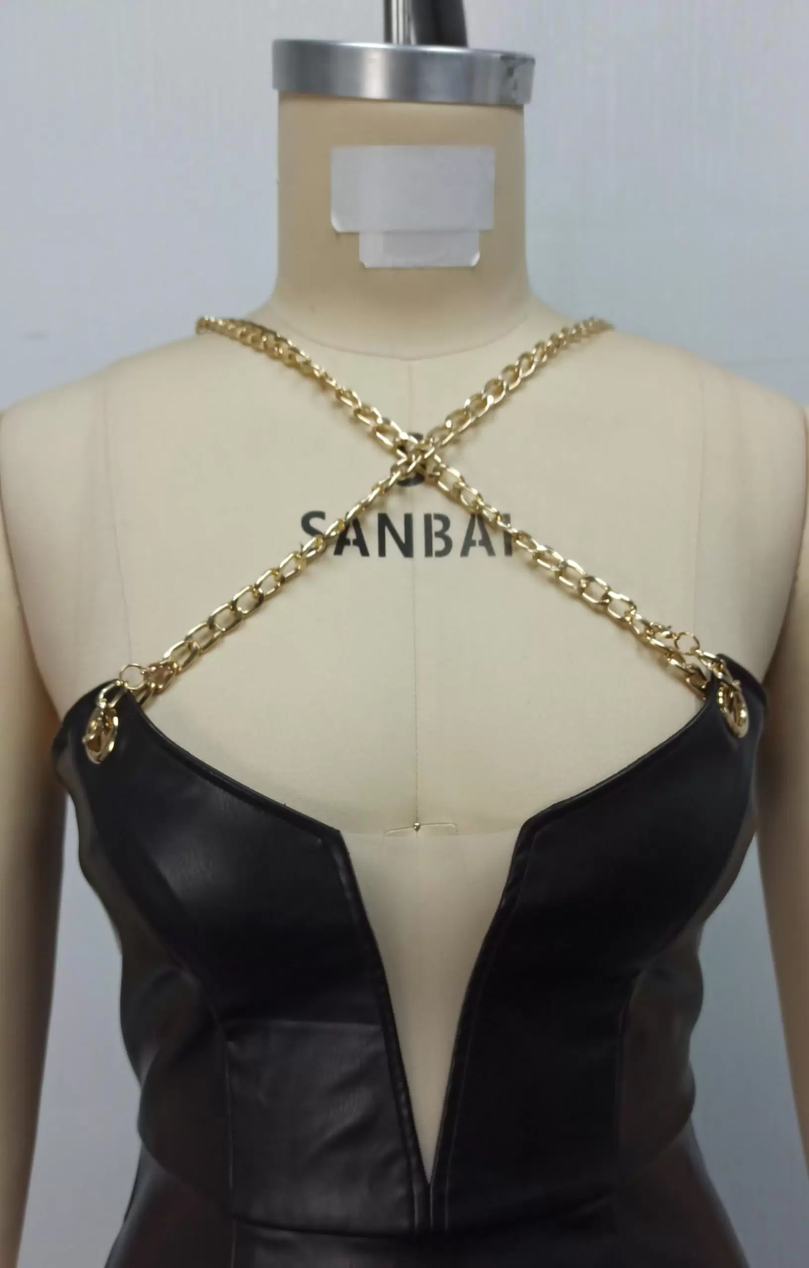 Women Black Leather Cut Out Split Maxi Dress With Gold Chain Details