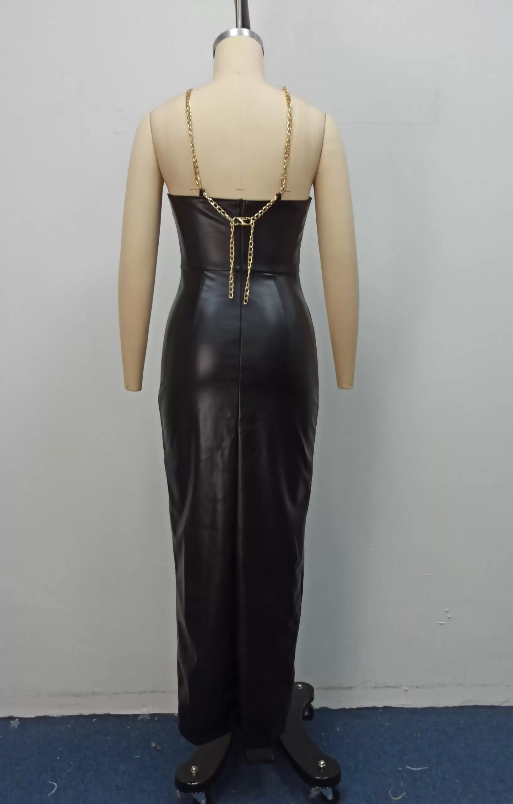 Women Black Leather Cut Out Split Maxi Dress With Gold Chain Details