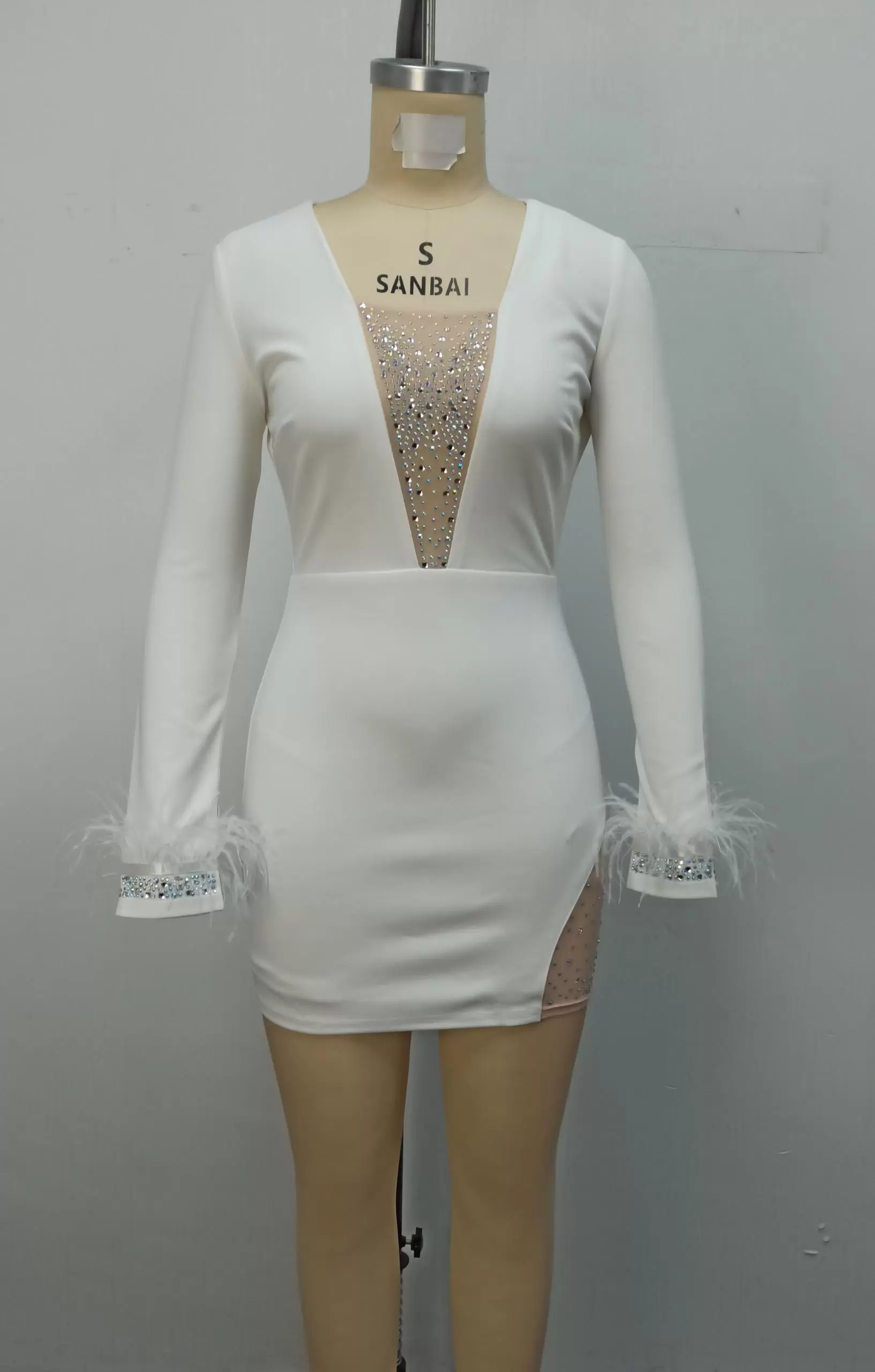 Women Rhinestone Accents White Long Sleeve Feather Detail Bodycon Dress