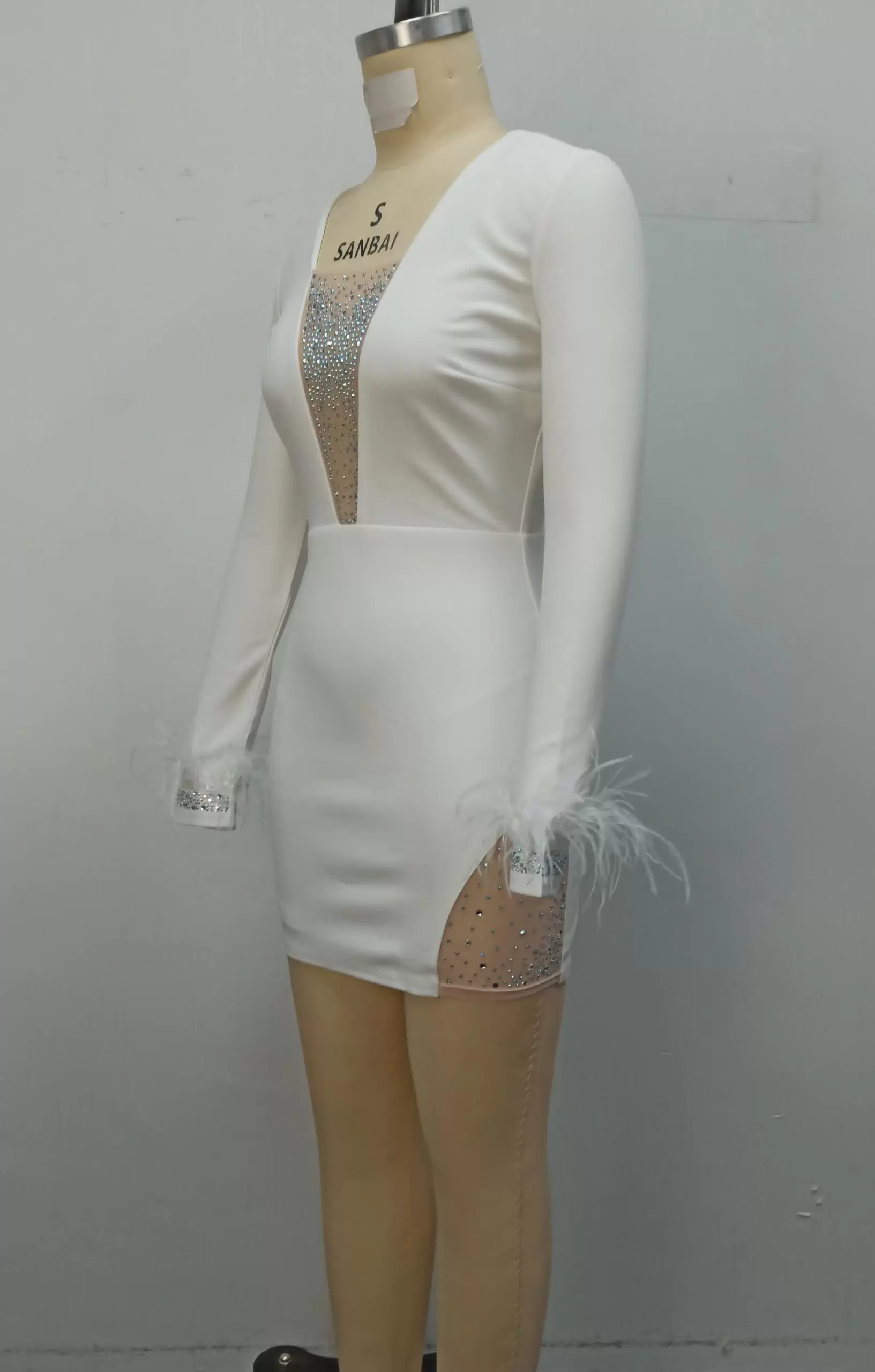 Women Rhinestone Accents White Long Sleeve Feather Detail Bodycon Dress