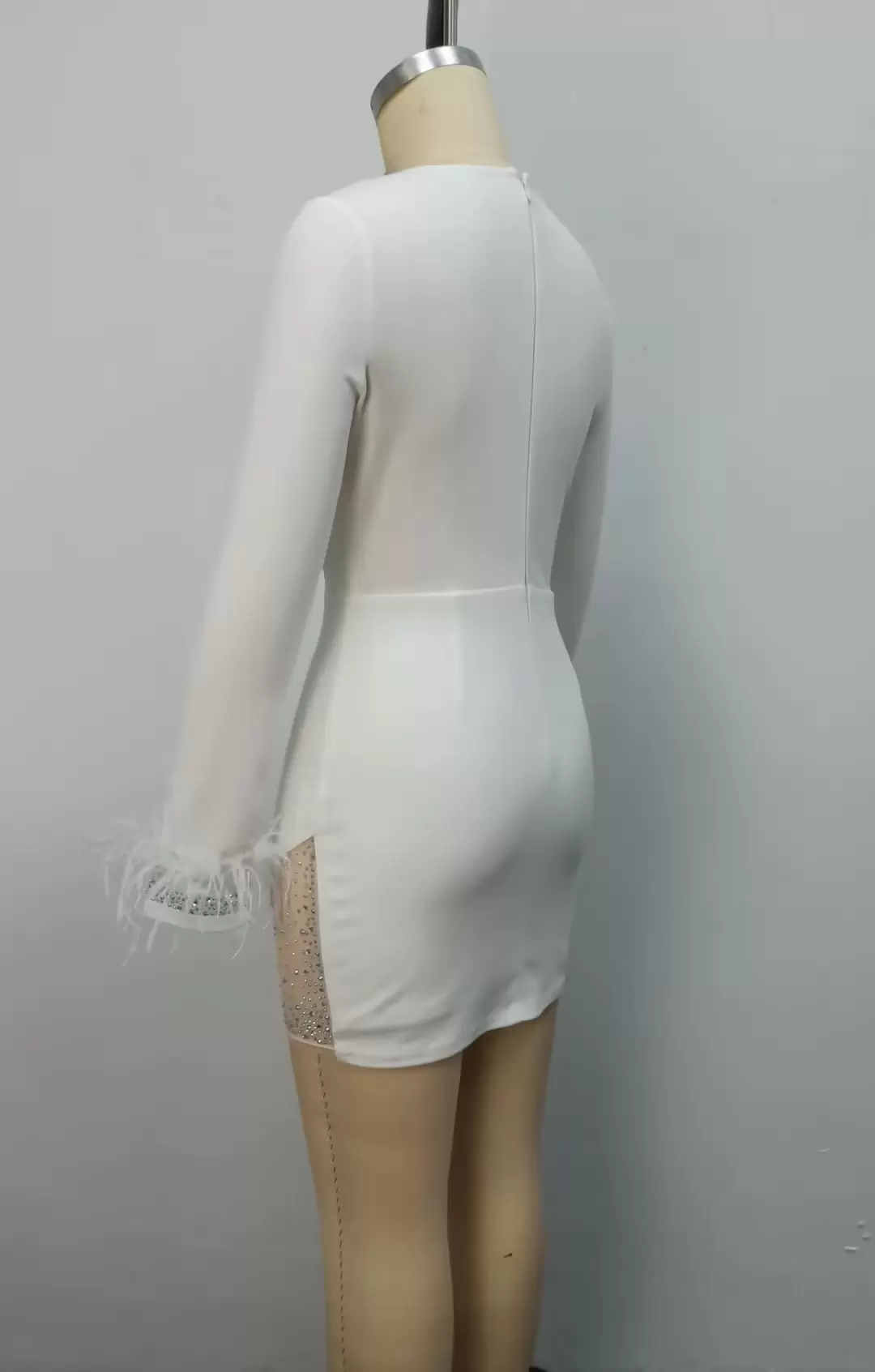 Women Rhinestone Accents White Long Sleeve Feather Detail Bodycon Dress