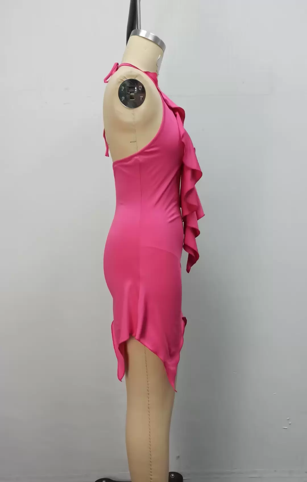 Floral Detail Pink Ruffled Halter Neck Backless Mini Dress Women