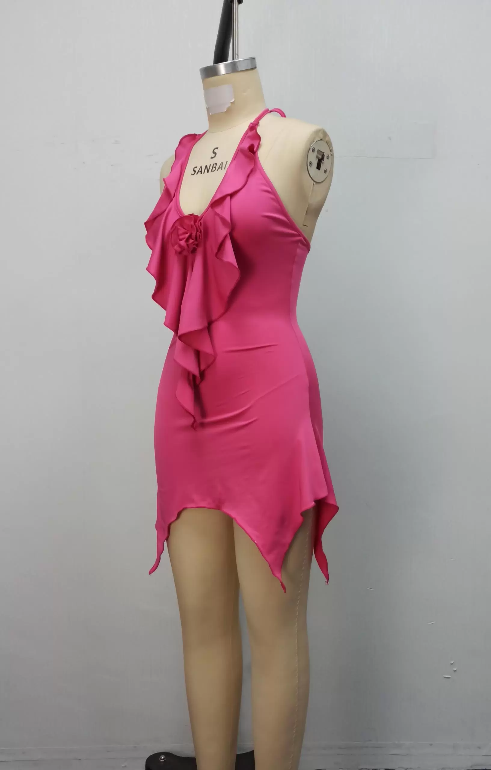 Floral Detail Pink Ruffled Halter Neck Backless Mini Dress Women