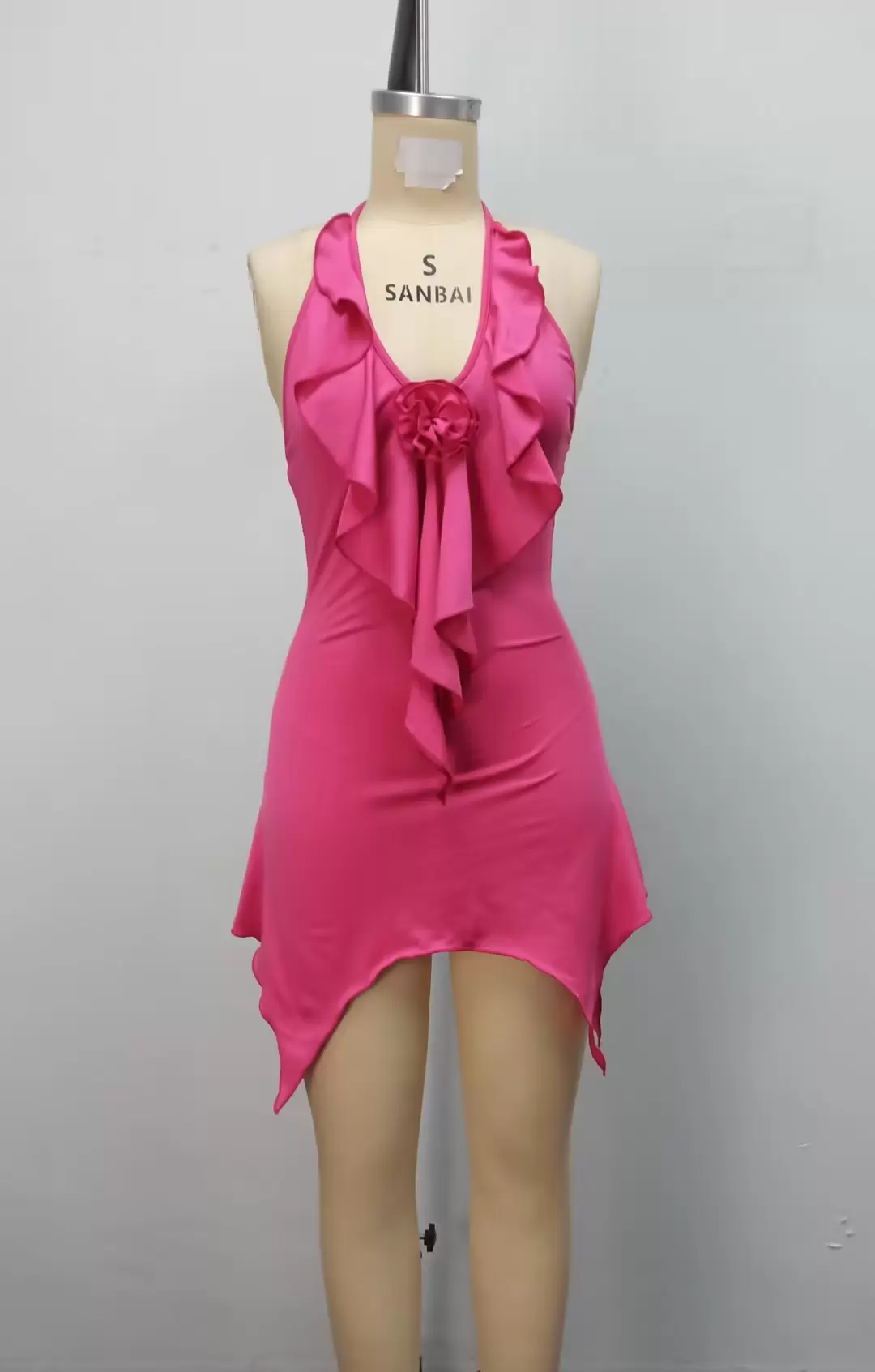 Floral Detail Pink Ruffled Halter Neck Backless Mini Dress Women