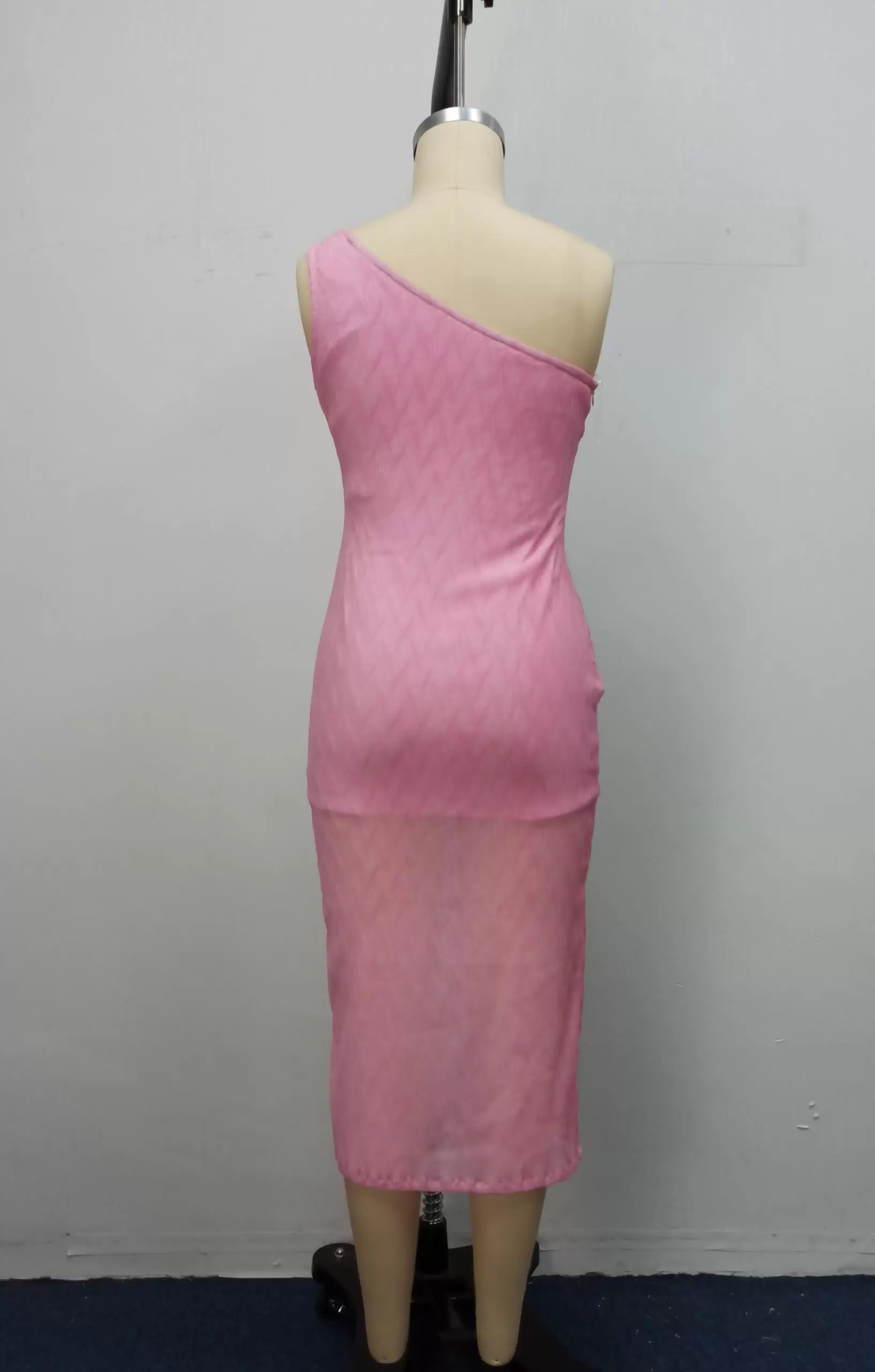 Chevron Pattern Pink One Shoulder Mesh Midi Dress Women