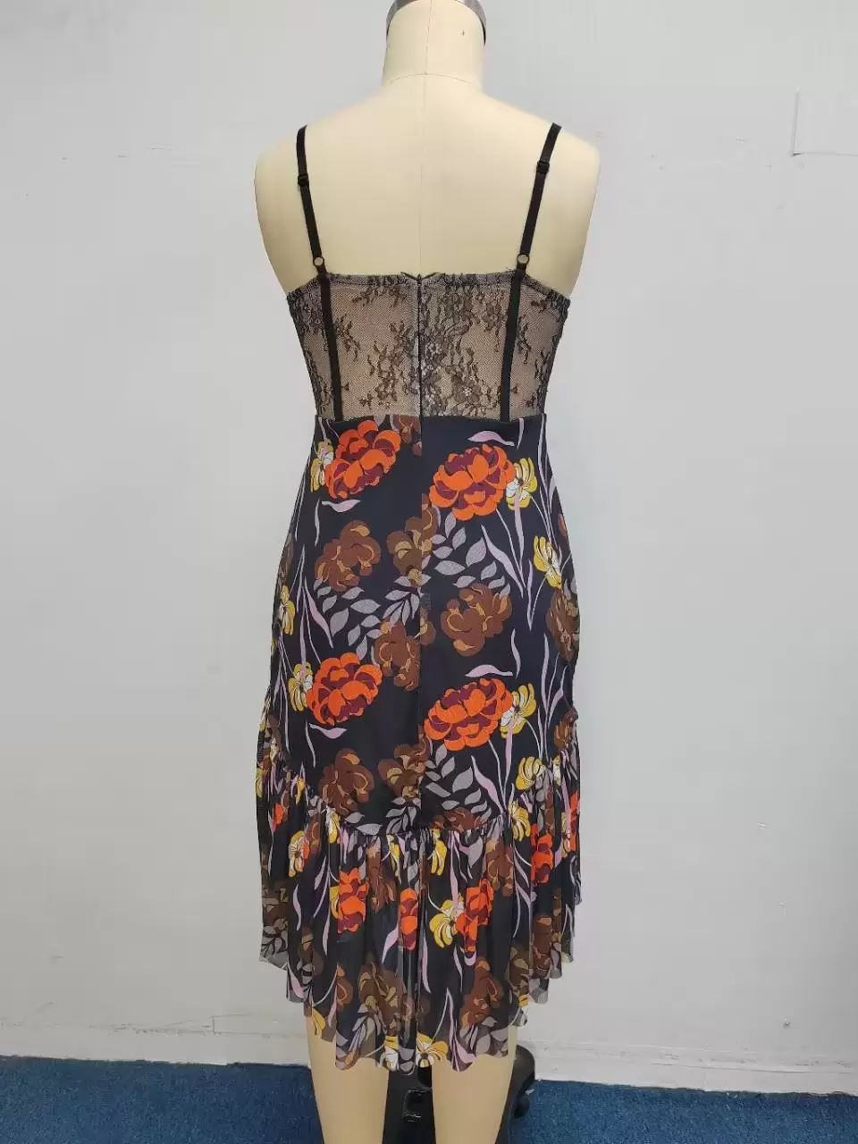 Floral Lace Corset Inspired Ruffled Hem Mini Dress Women