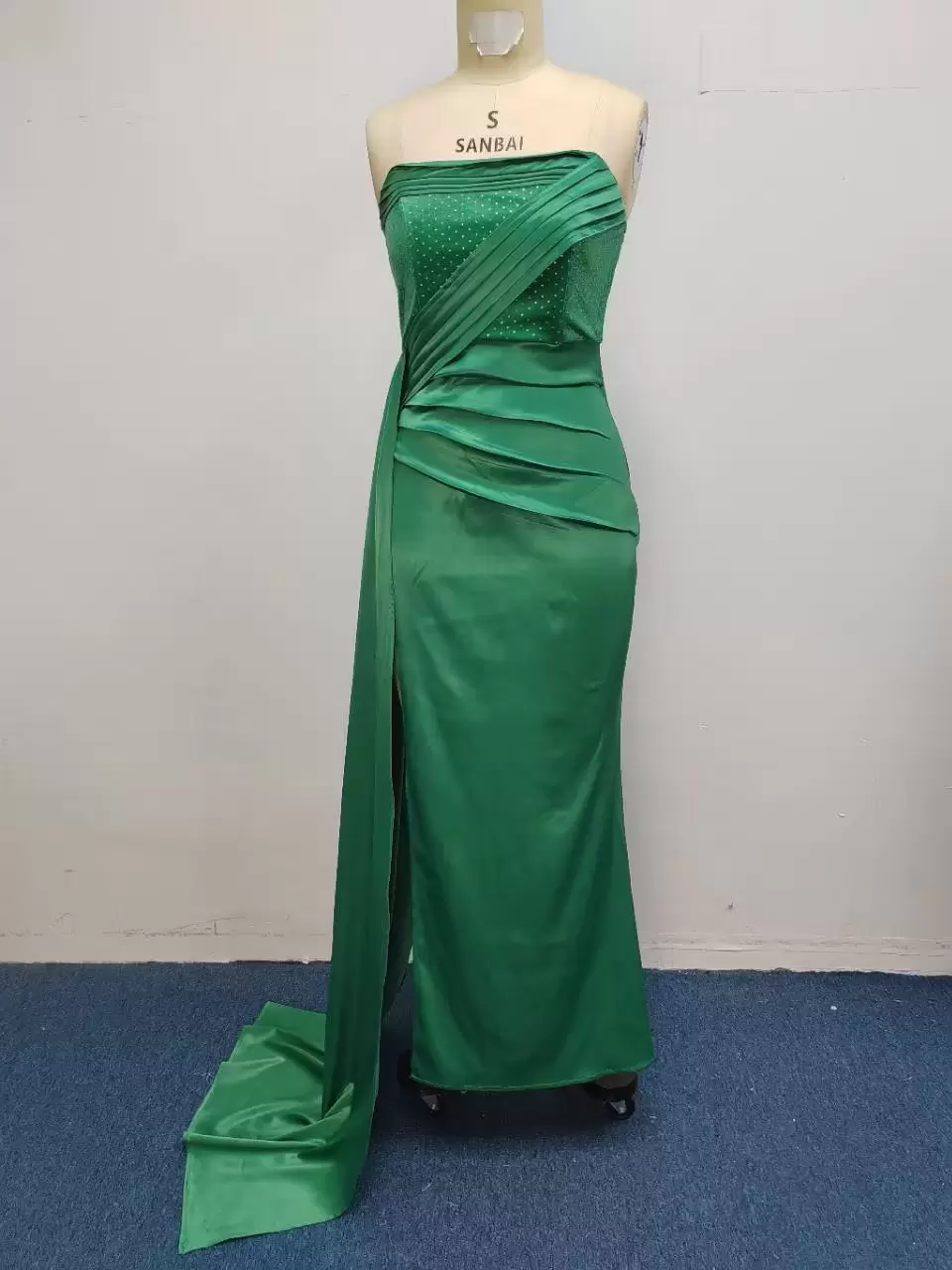 Strapless Polka Dot Draped Side Slit Elegant Evening Dress Women