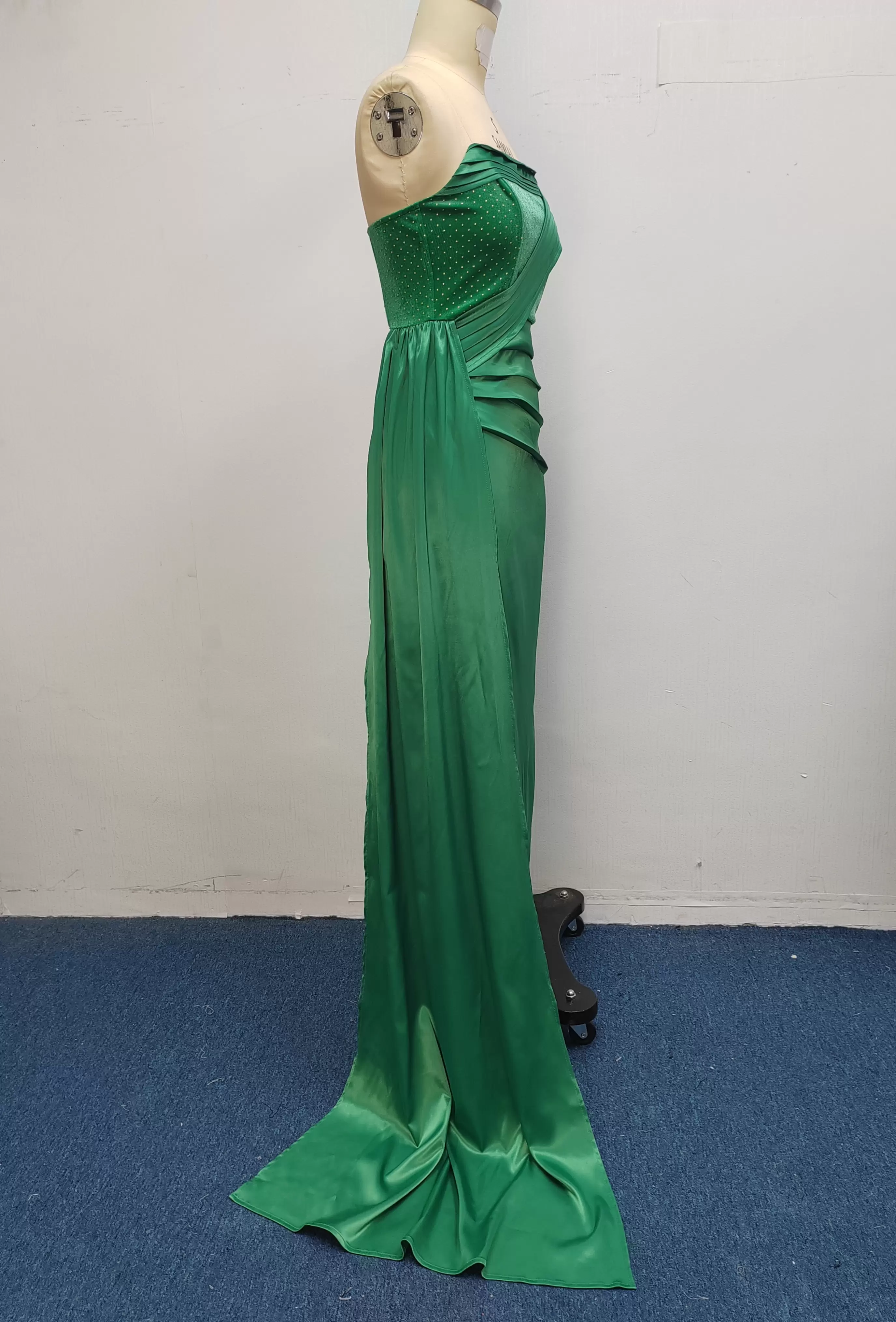 Strapless Polka Dot Draped Side Slit Elegant Evening Dress Women