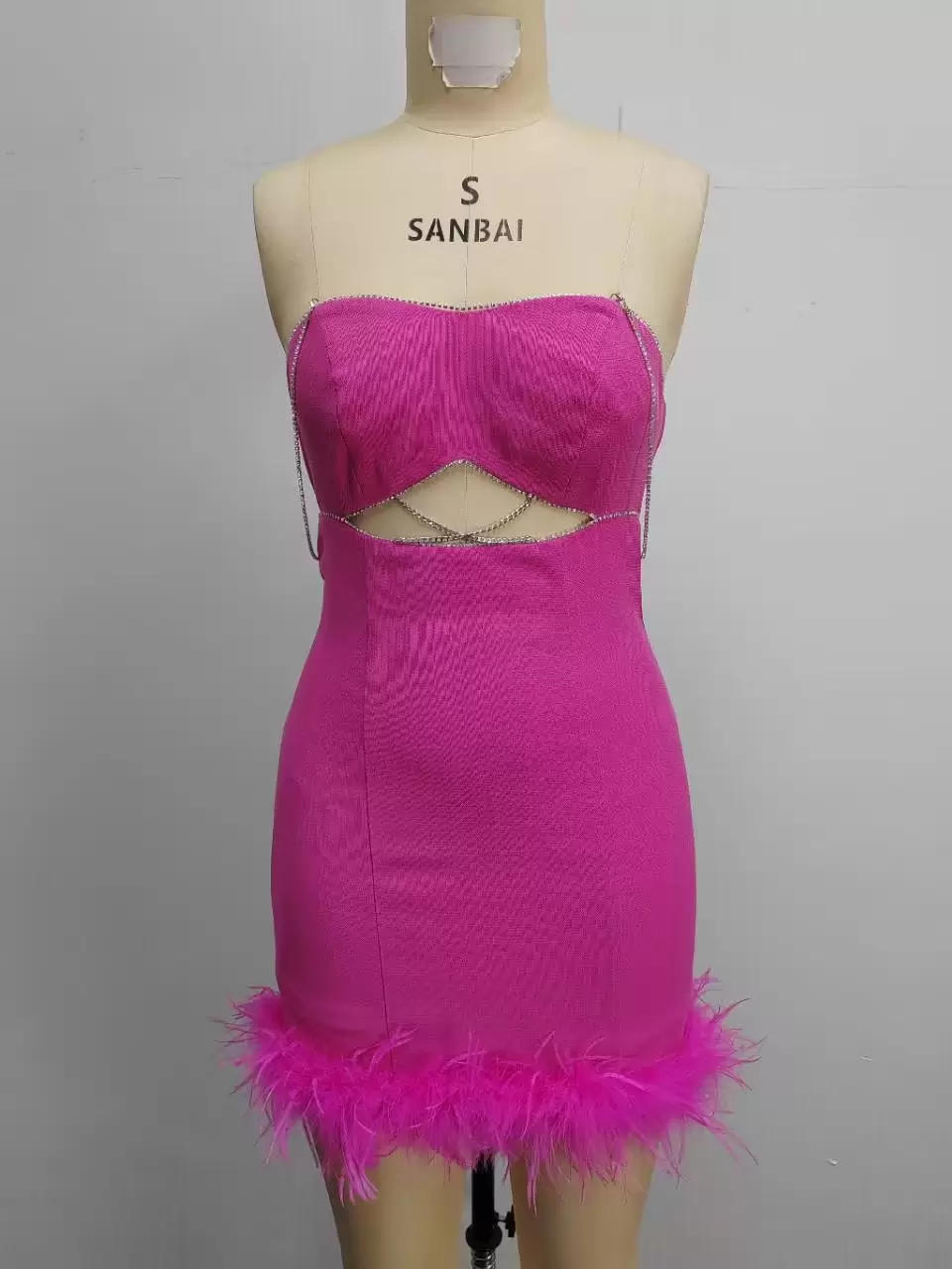 Women Hot Pink Feather Trim Strapless Dress With Rhinestone Details