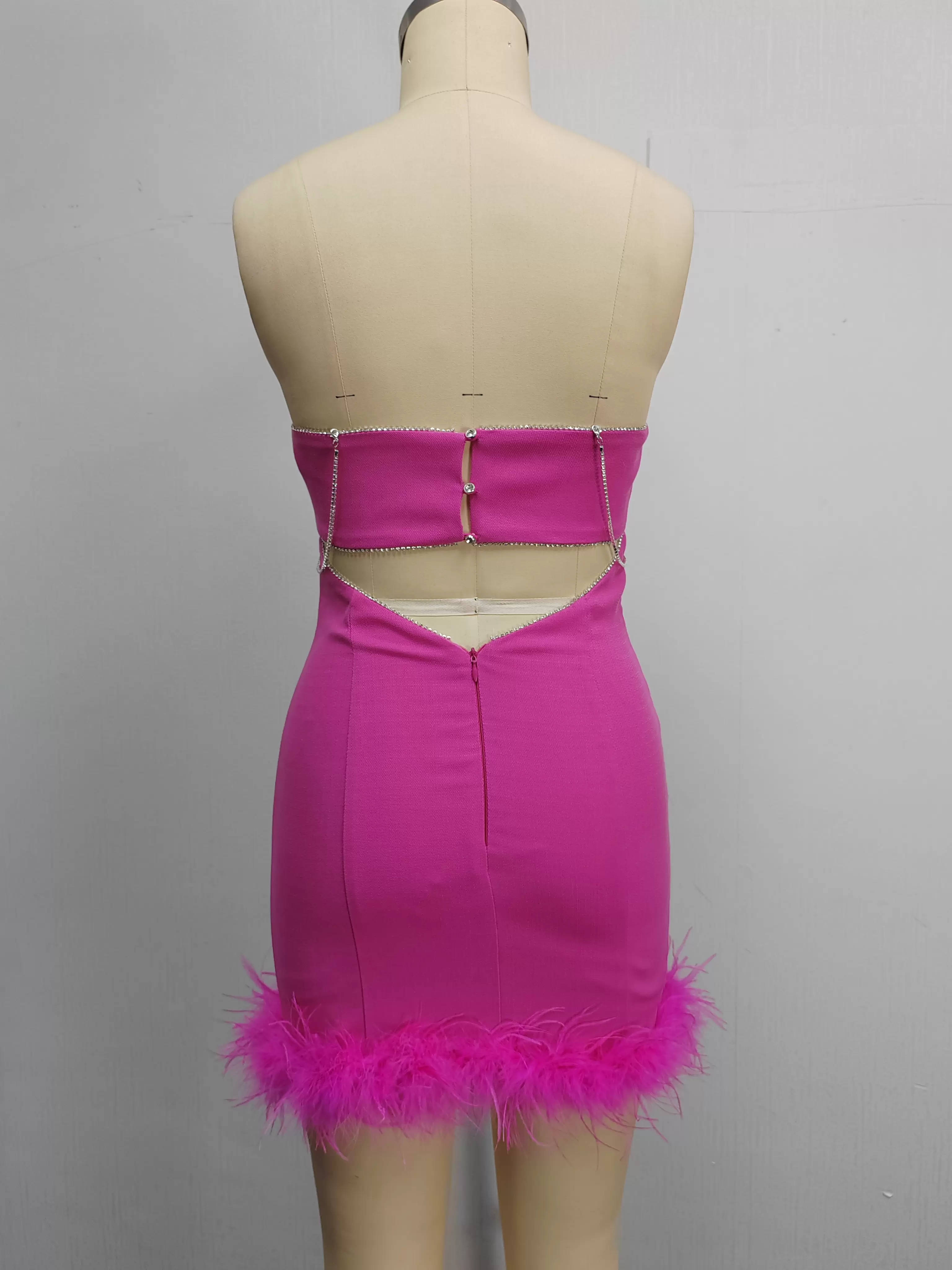 Women Hot Pink Feather Trim Strapless Dress With Rhinestone Details