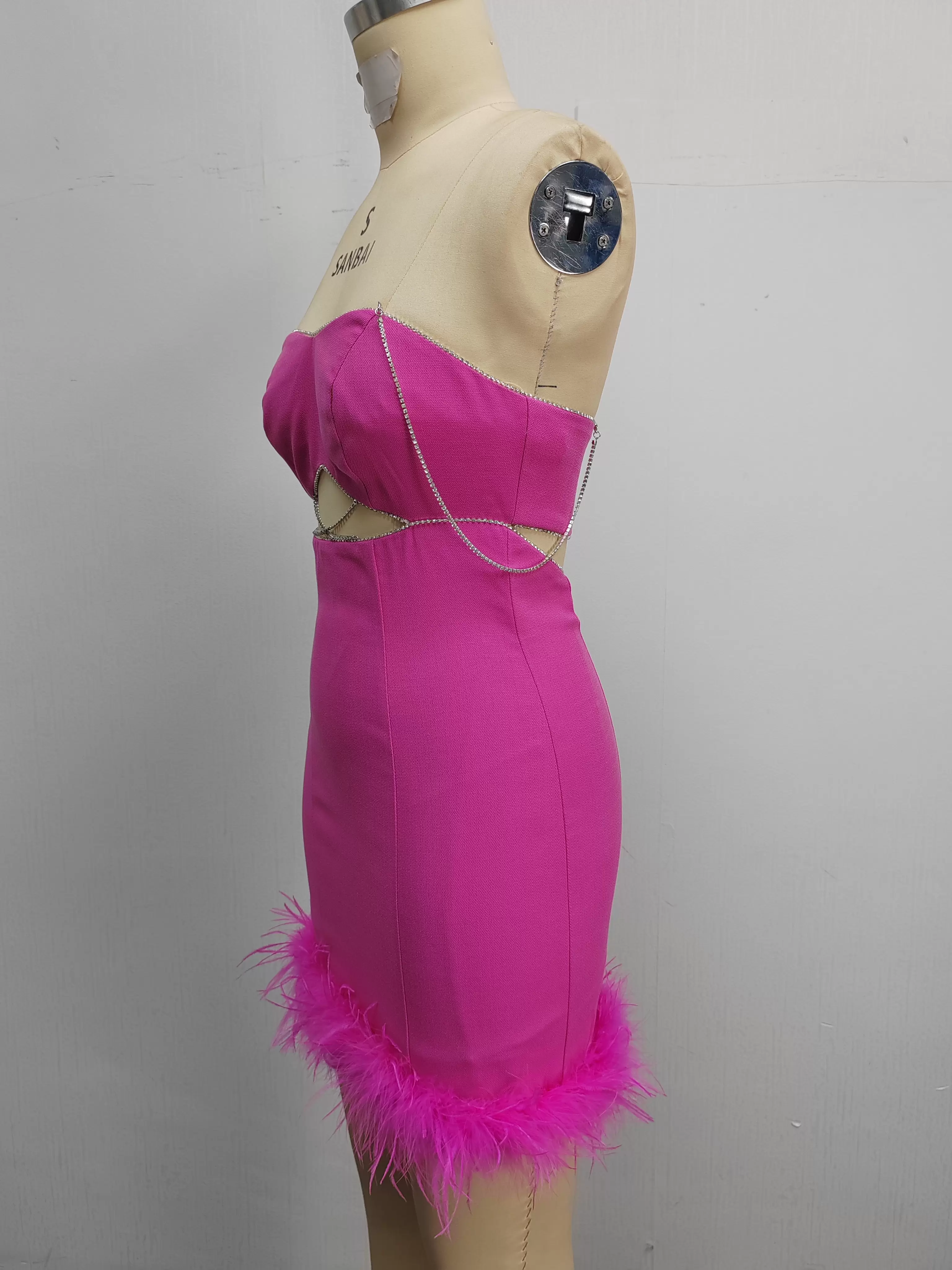 Women Hot Pink Feather Trim Strapless Dress With Rhinestone Details
