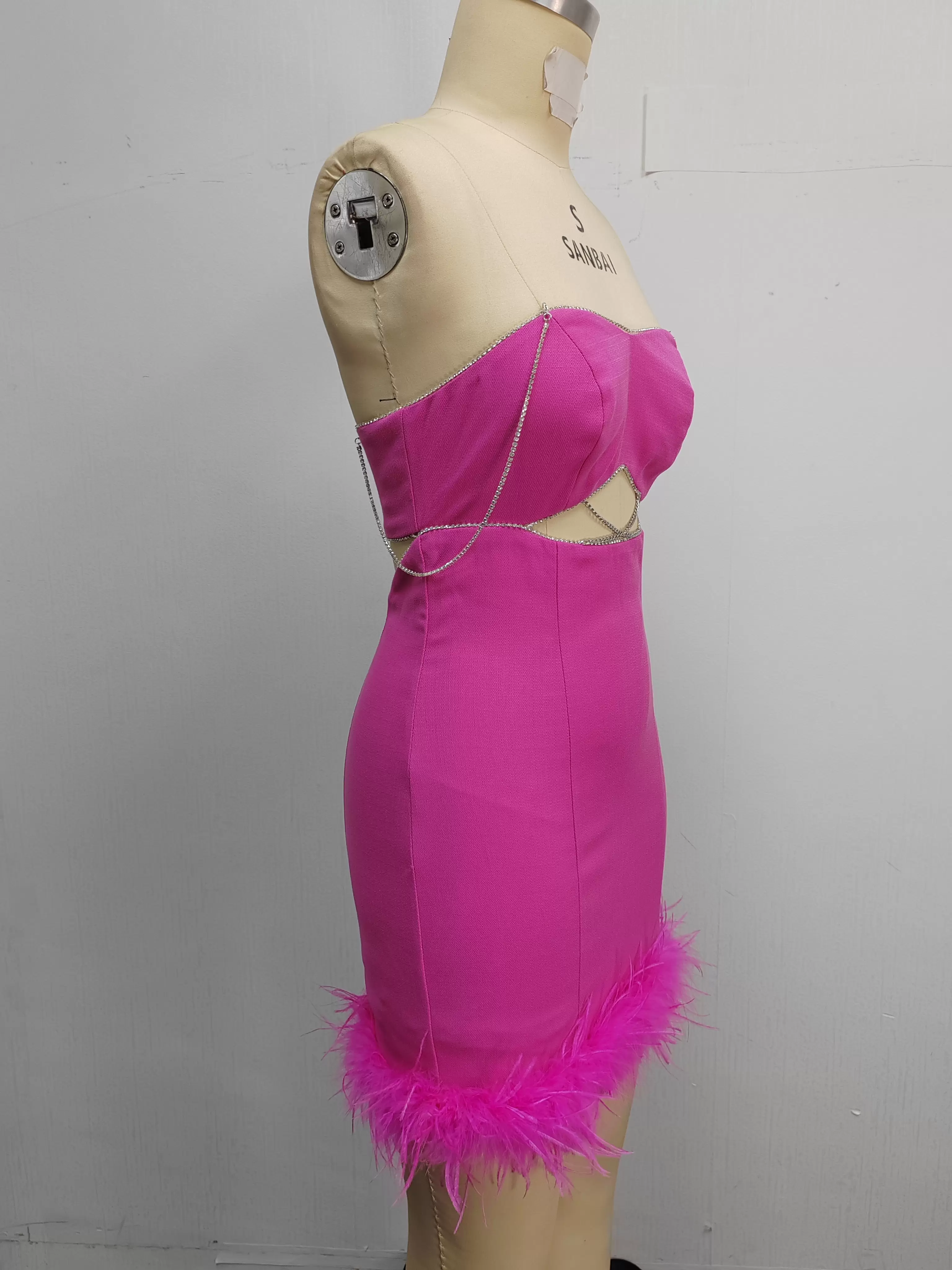 Women Hot Pink Feather Trim Strapless Dress With Rhinestone Details