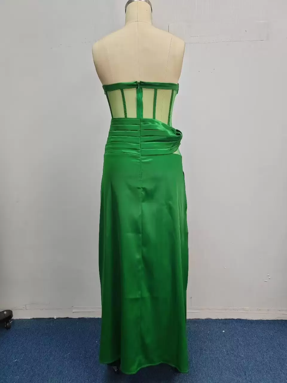 Strapless Sheer Mesh Corset Detail Satin Gown Women