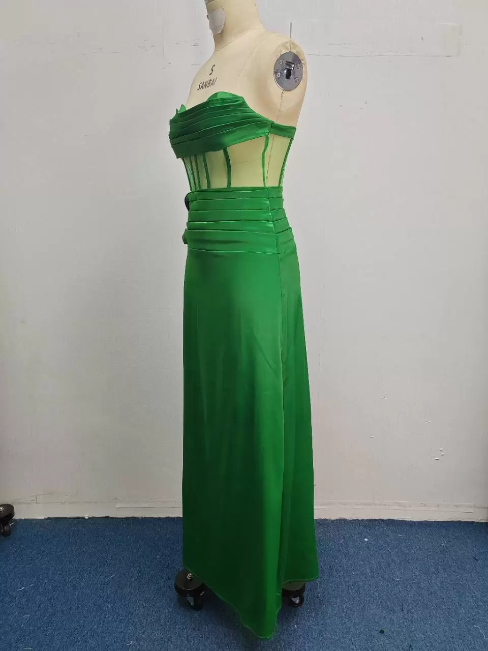 Strapless Sheer Mesh Corset Detail Satin Gown Women