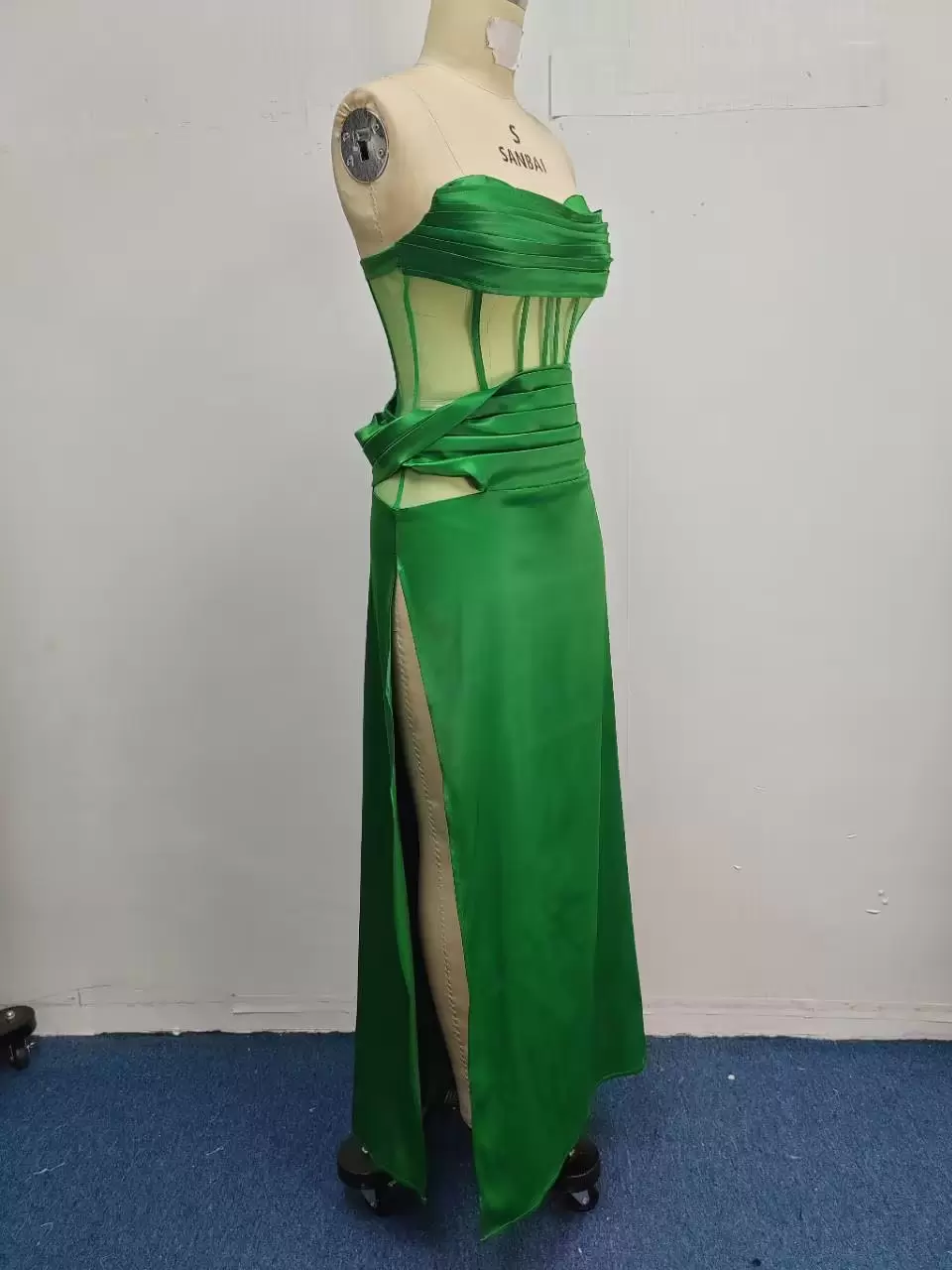 Strapless Sheer Mesh Corset Detail Satin Gown Women