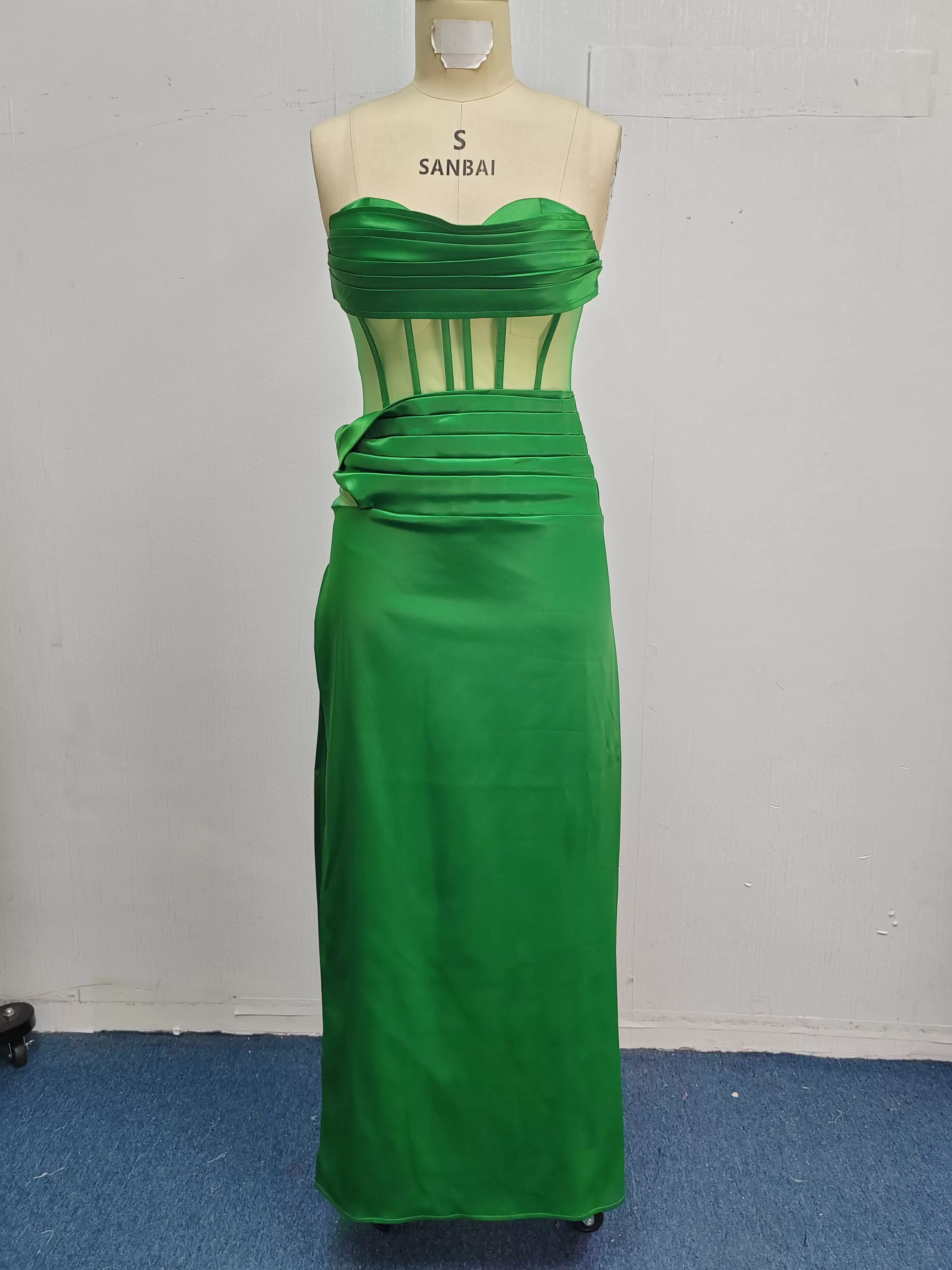 Strapless Sheer Mesh Corset Detail Satin Gown Women