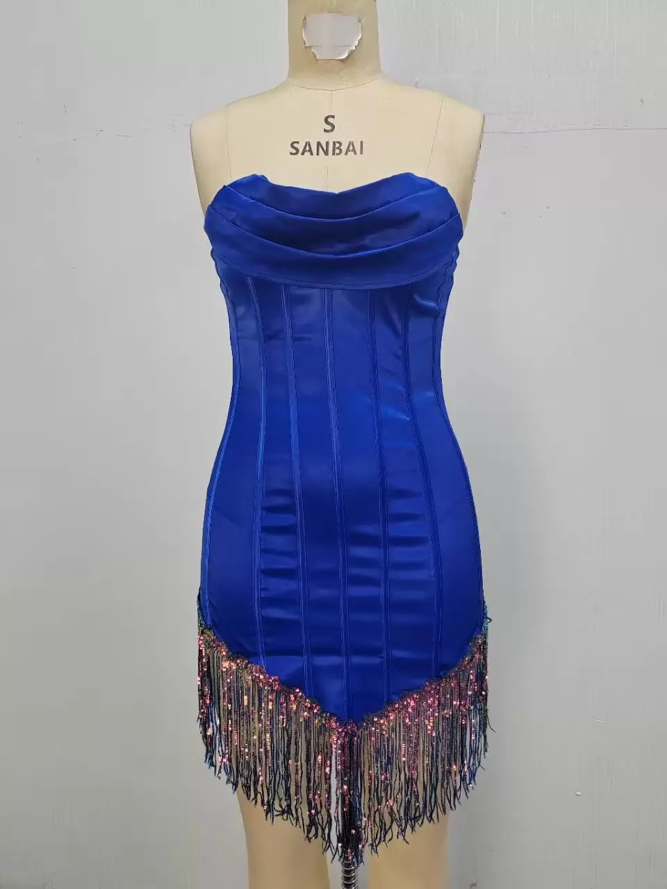 Women Sequin Fringe Satin Strapless Corset Dress