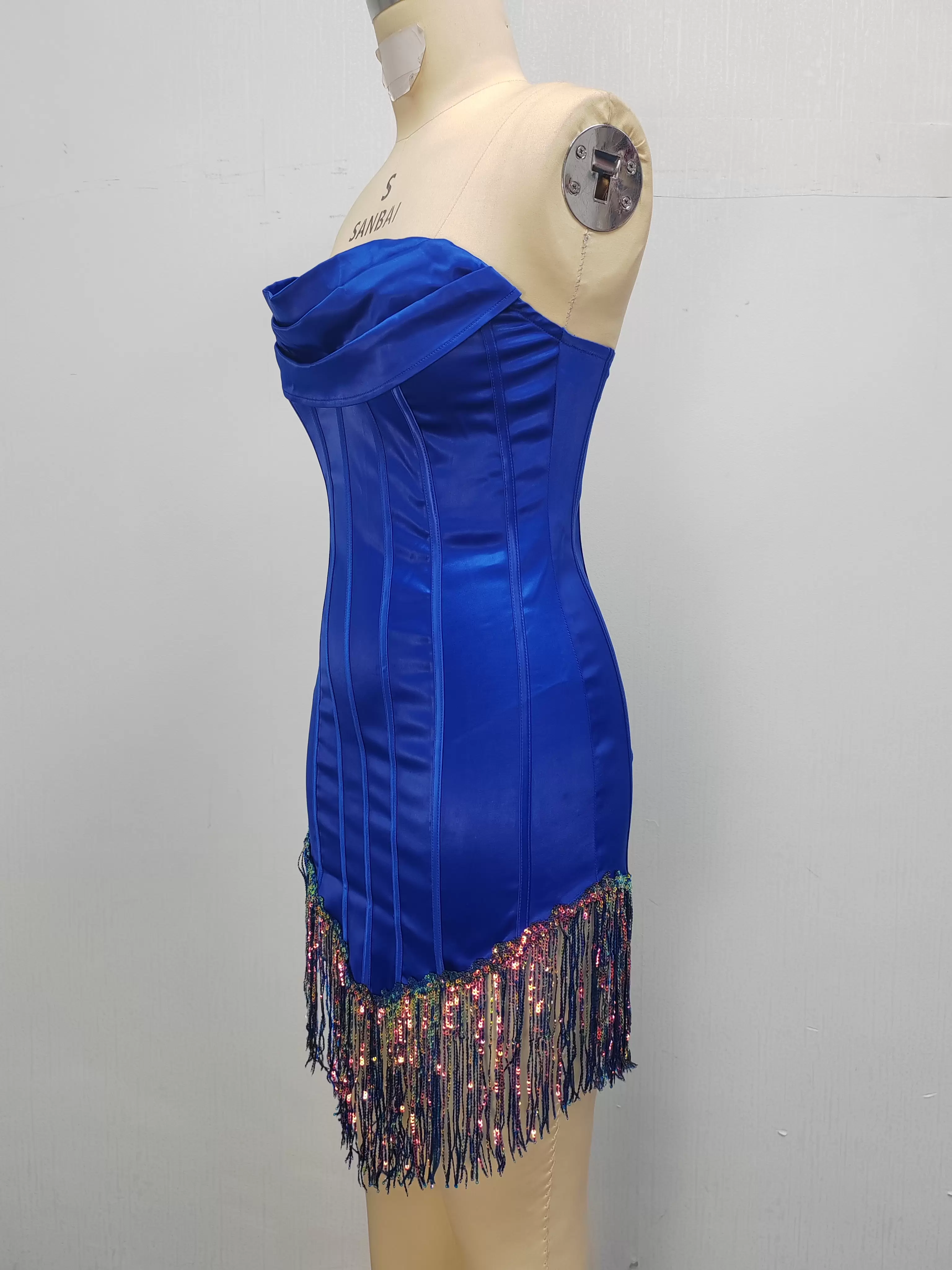 Women Sequin Fringe Satin Strapless Corset Dress