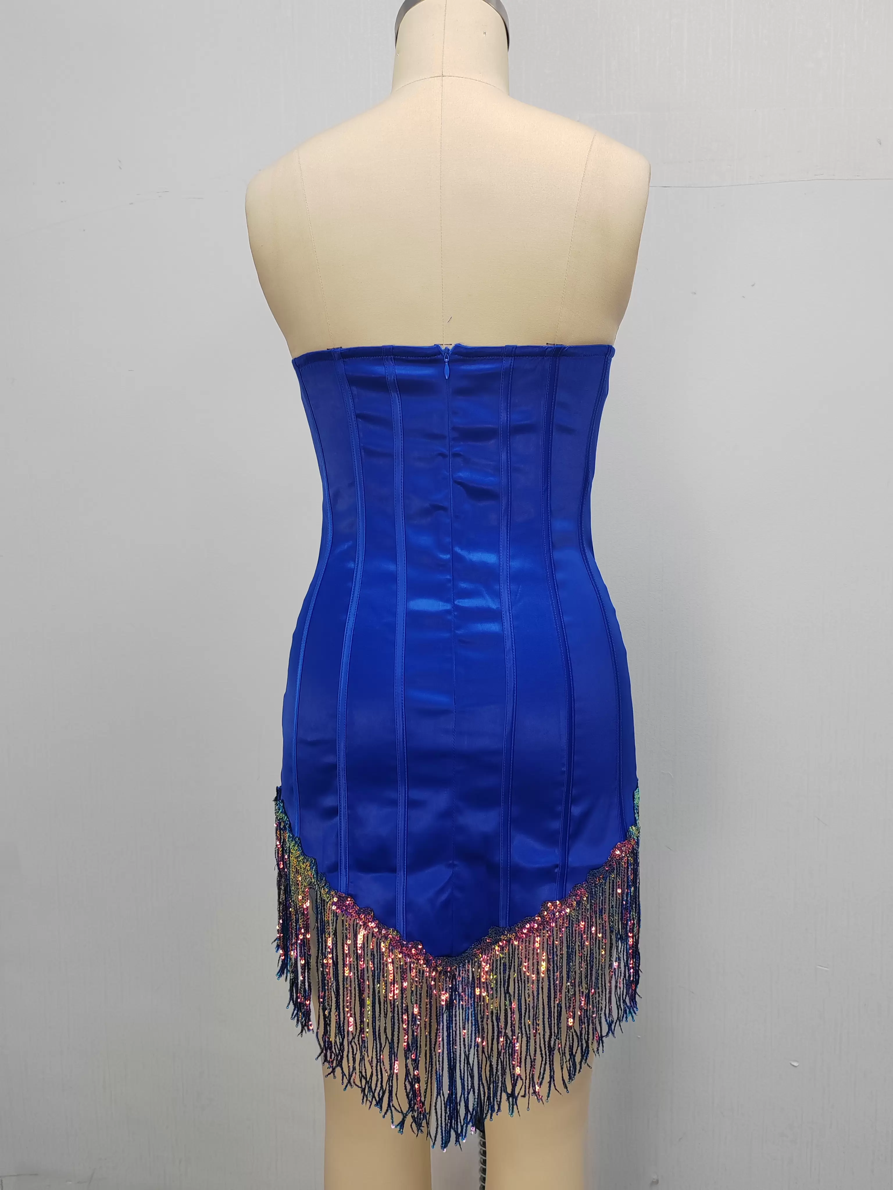 Women Sequin Fringe Satin Strapless Corset Dress