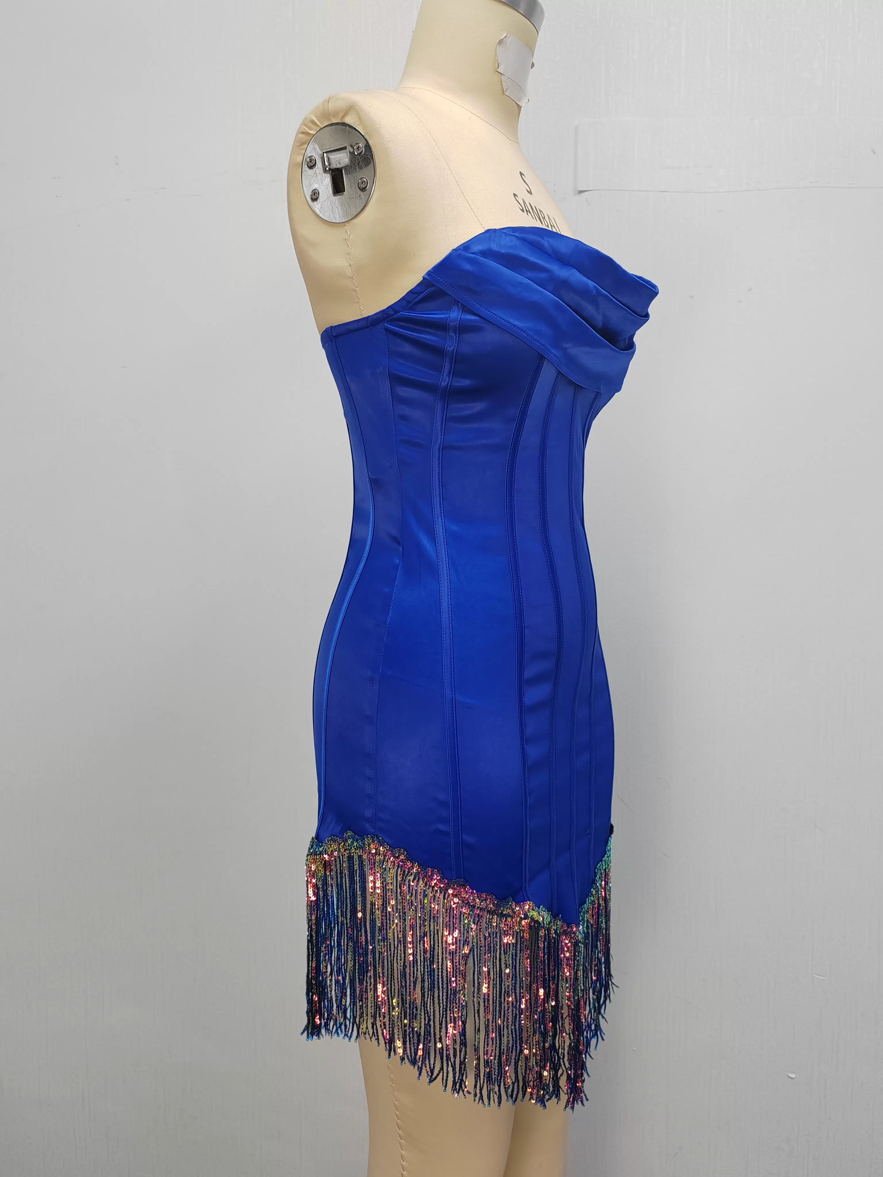 Women Sequin Fringe Satin Strapless Corset Dress