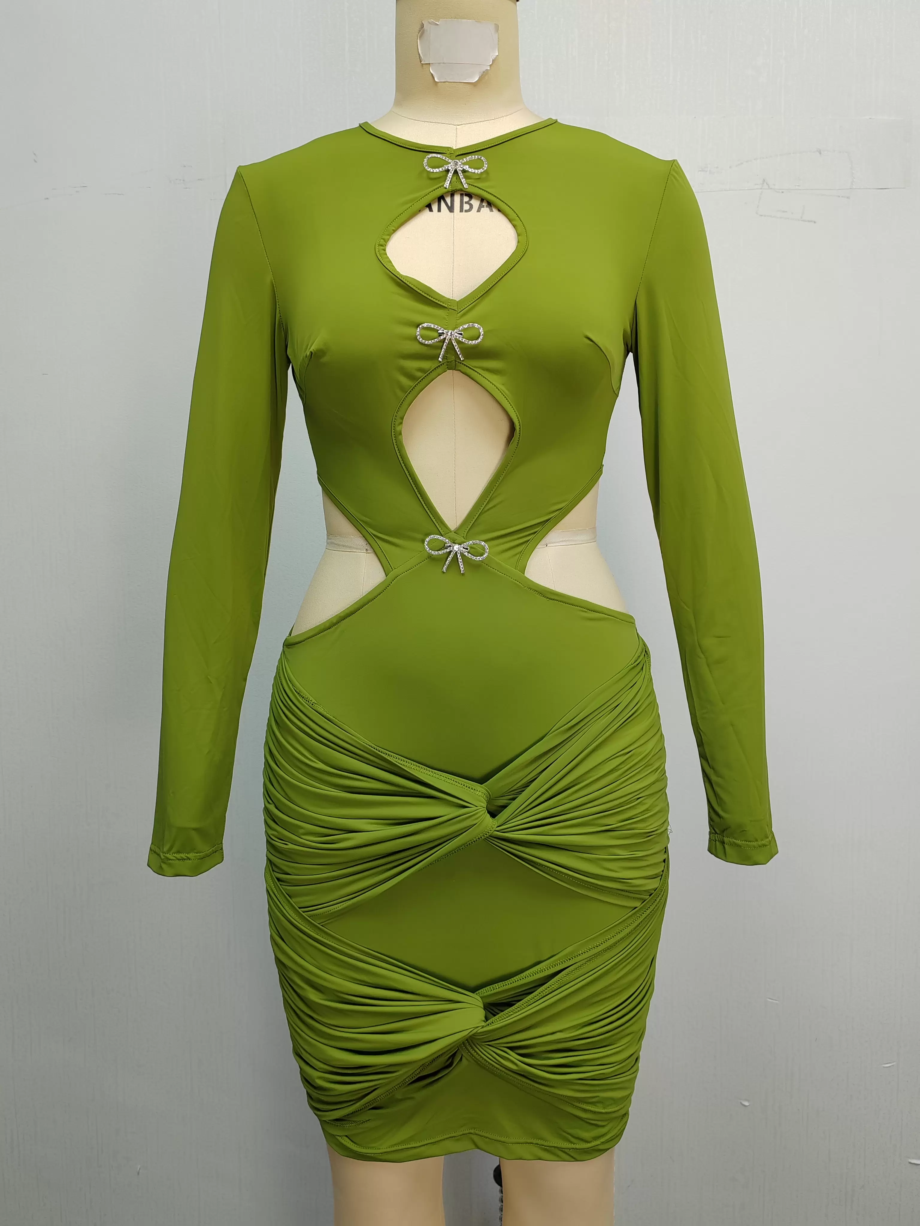 Long Sleeve Cut Out Bow Details Ruched Bodycon Dress Women