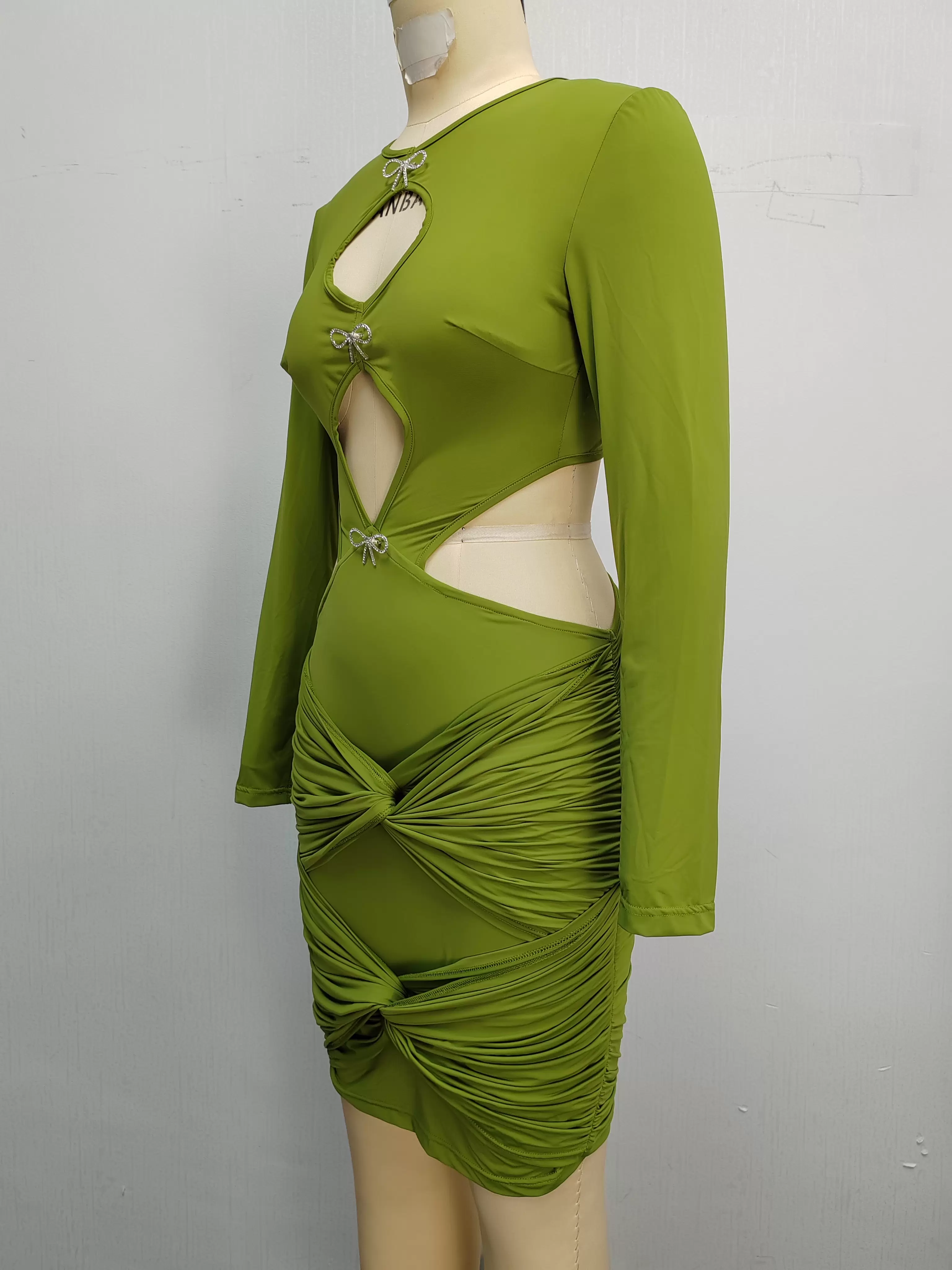 Long Sleeve Cut Out Bow Details Ruched Bodycon Dress Women