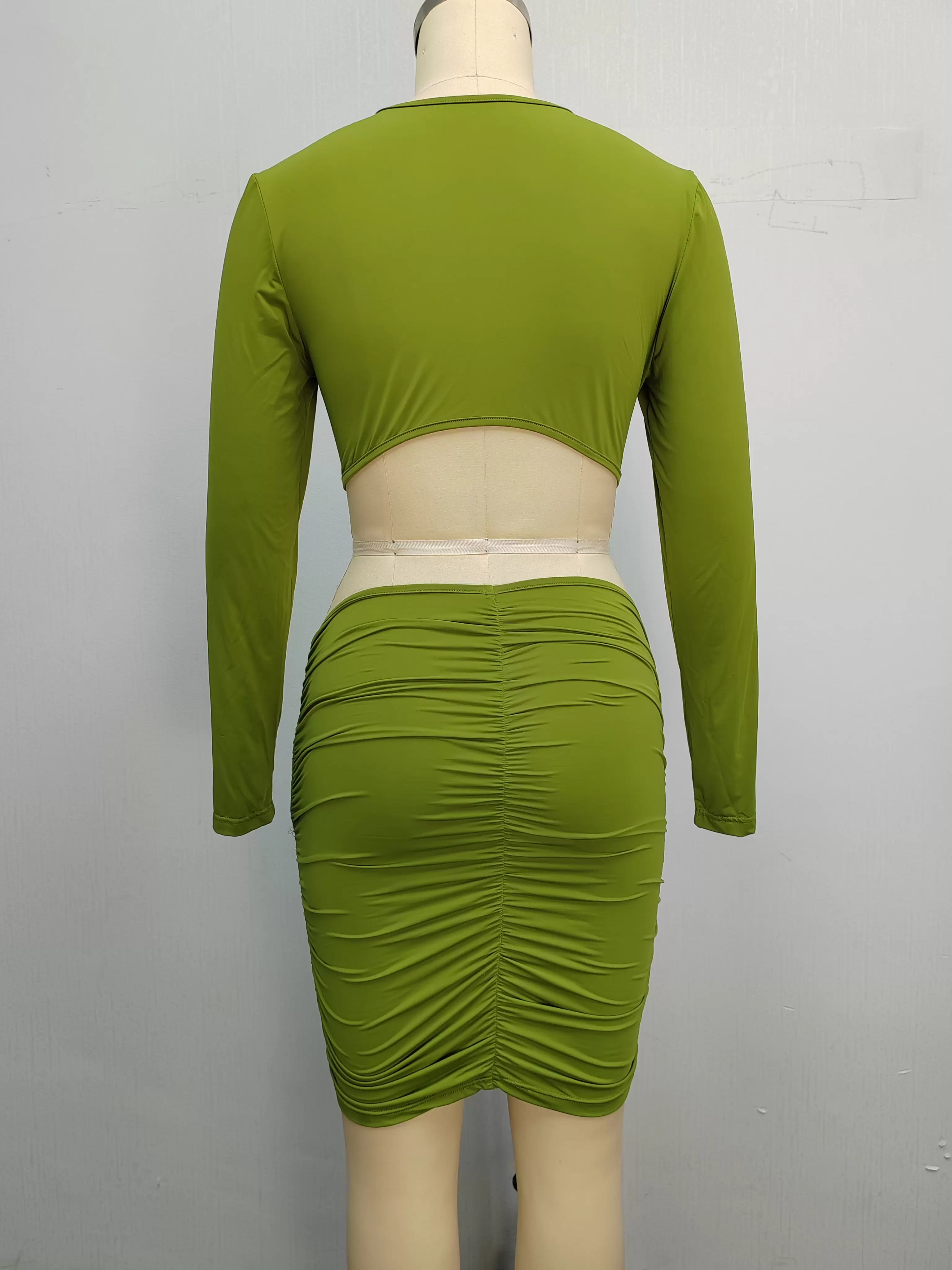 Long Sleeve Cut Out Bow Details Ruched Bodycon Dress Women