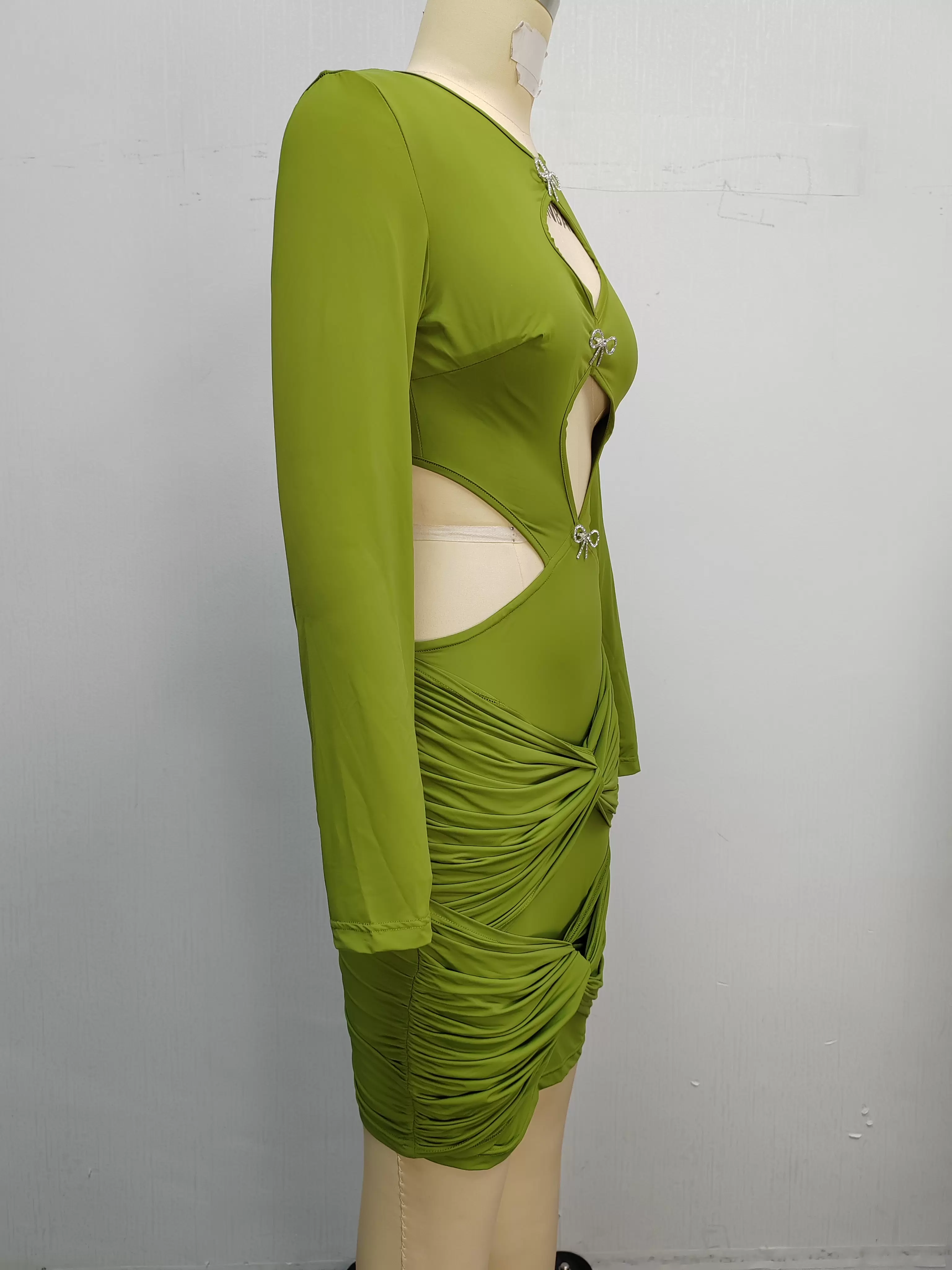 Long Sleeve Cut Out Bow Details Ruched Bodycon Dress Women
