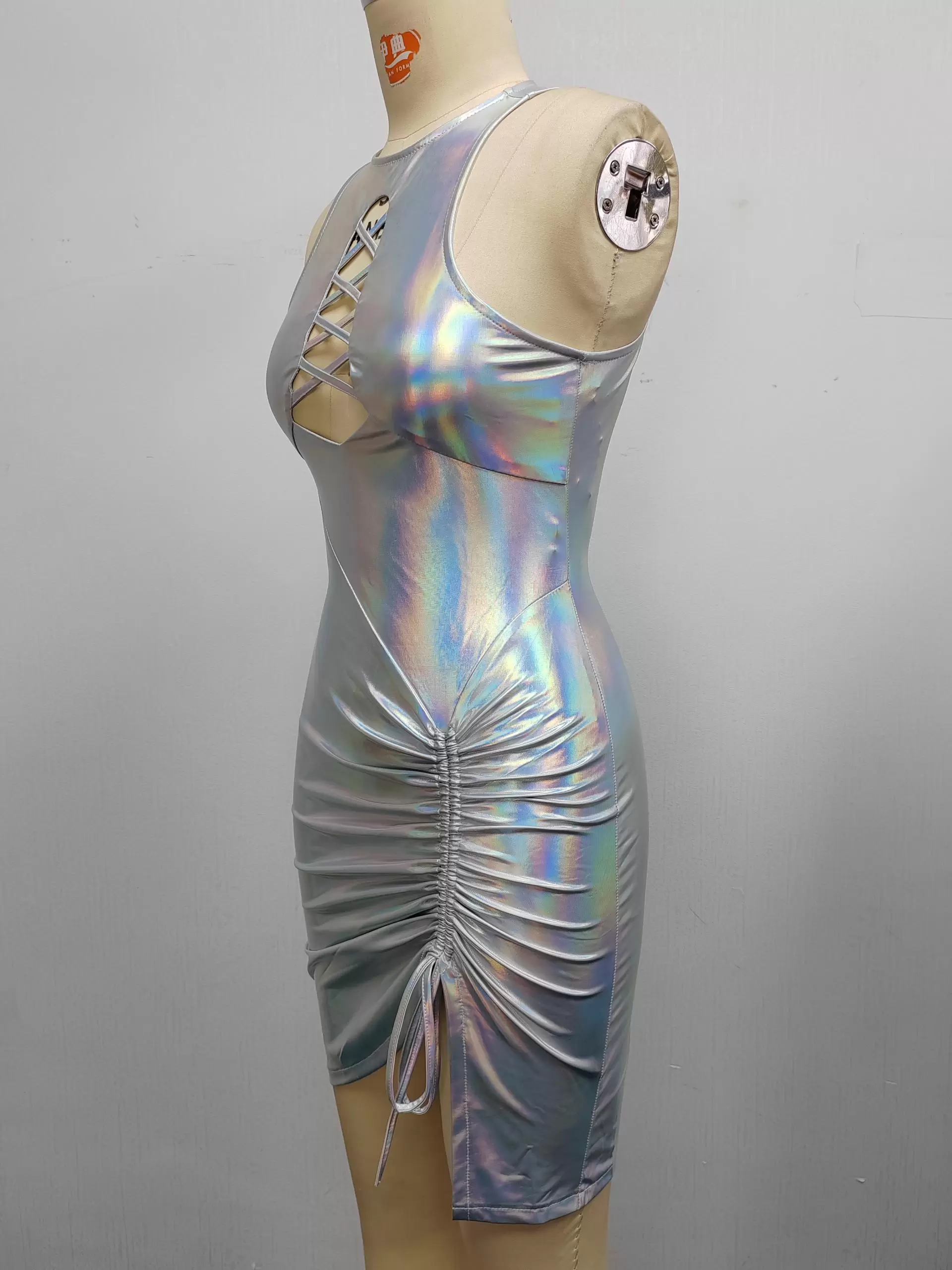  Lace Up Front Ruched Drawstring Metallic Material Bodycon Mini Dress Women