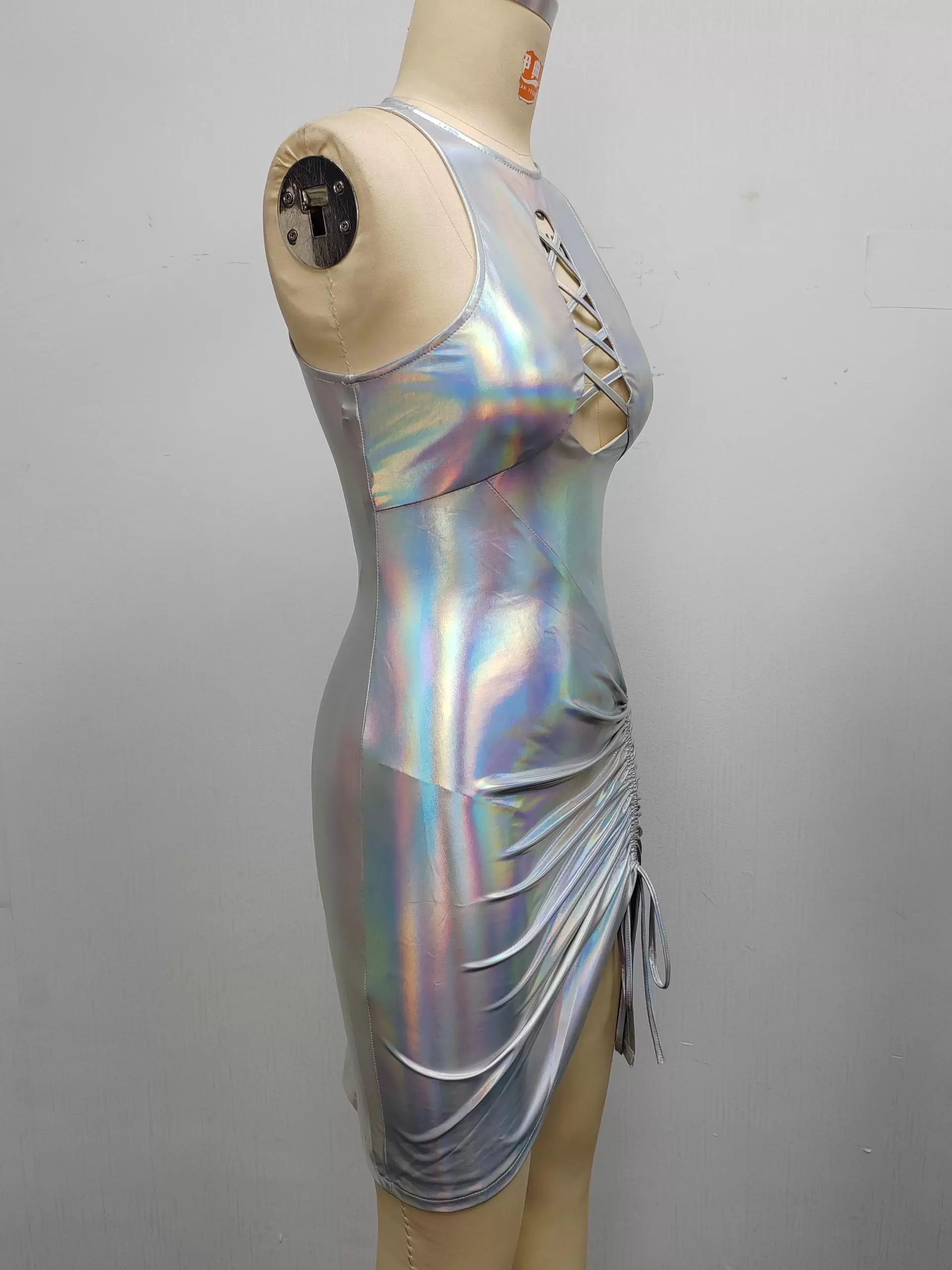  Lace Up Front Ruched Drawstring Metallic Material Bodycon Mini Dress Women