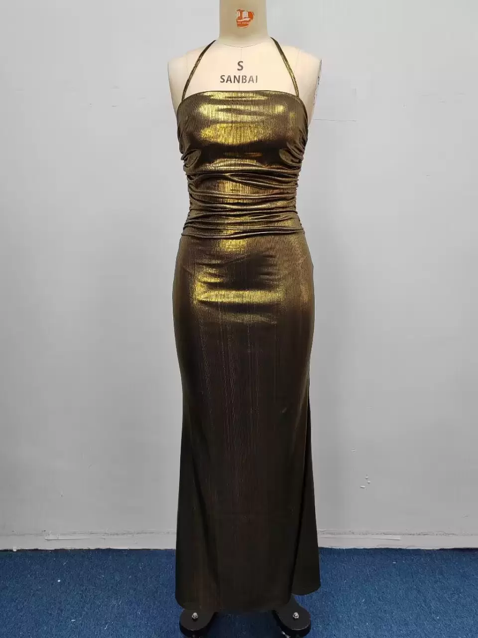 Metallic Gold Halter Neck Ruched Shiny Bodycon Evening Gown For Women