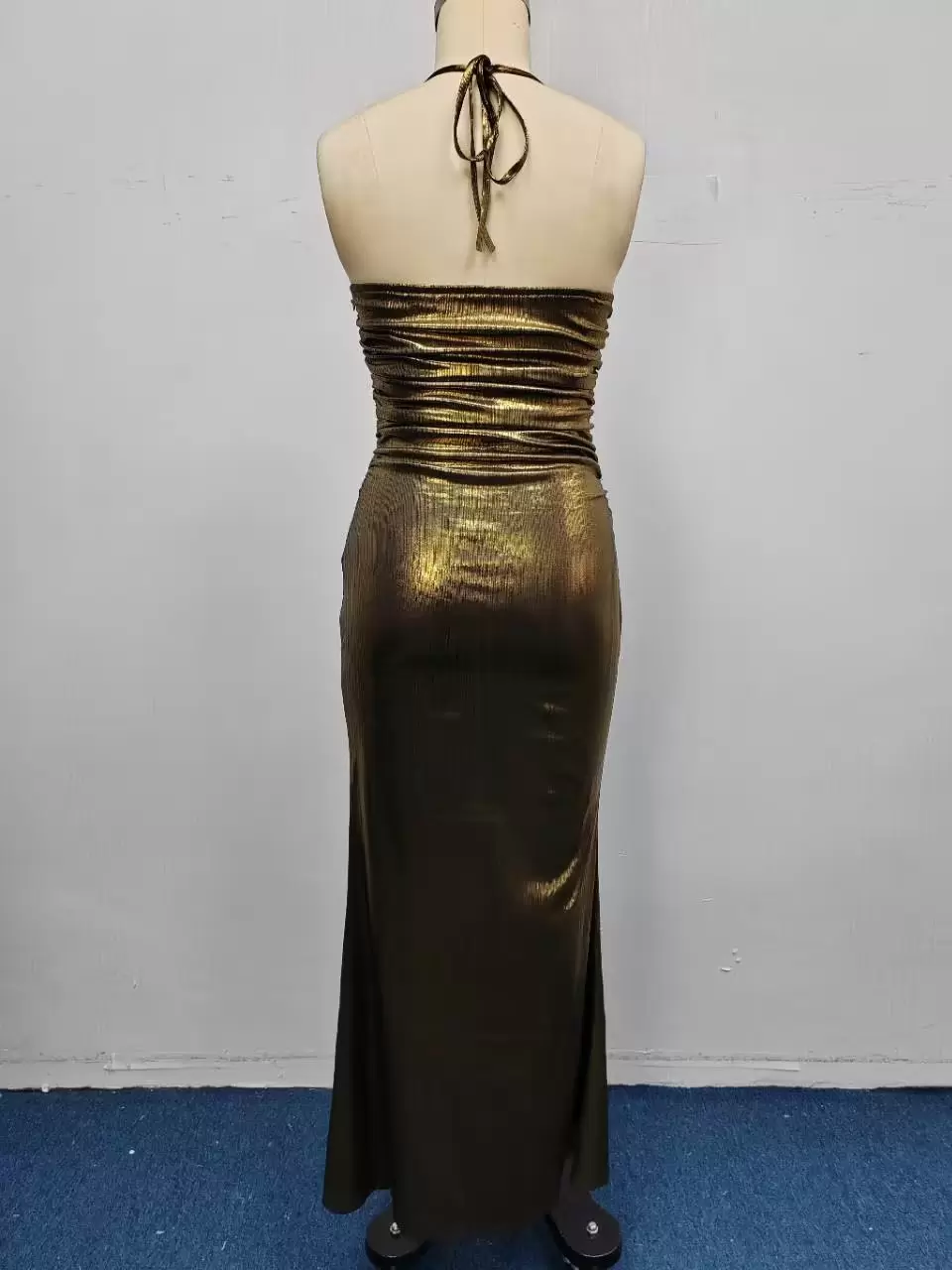 Metallic Gold Halter Neck Ruched Shiny Bodycon Evening Gown For Women