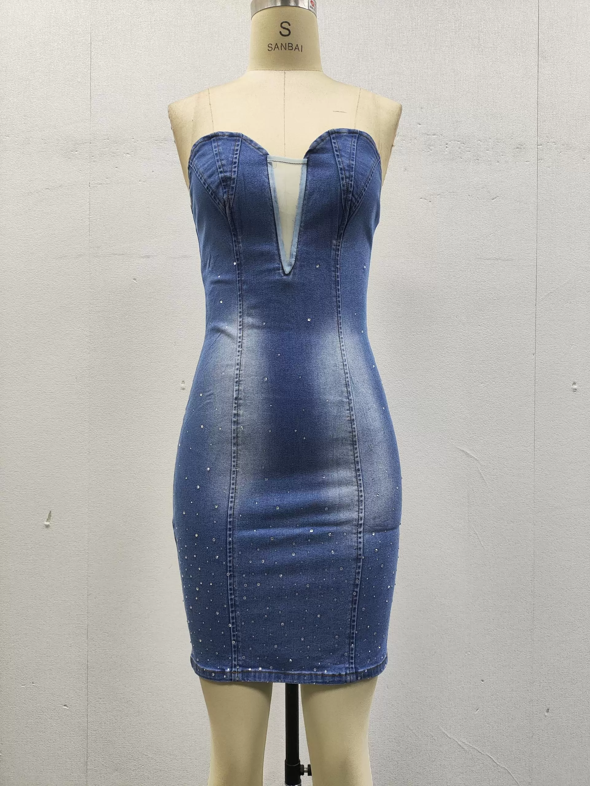 Sweetheart Neckline Mesh Insert Strapless Rhinestone Embellished Denim Bodycon Mini Dress