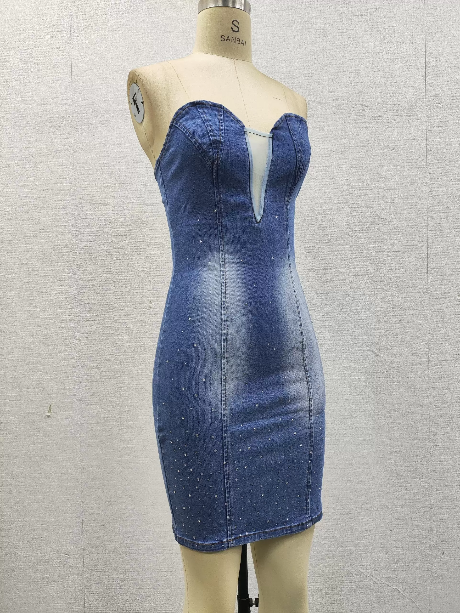 Sweetheart Neckline Mesh Insert Strapless Rhinestone Embellished Denim Bodycon Mini Dress