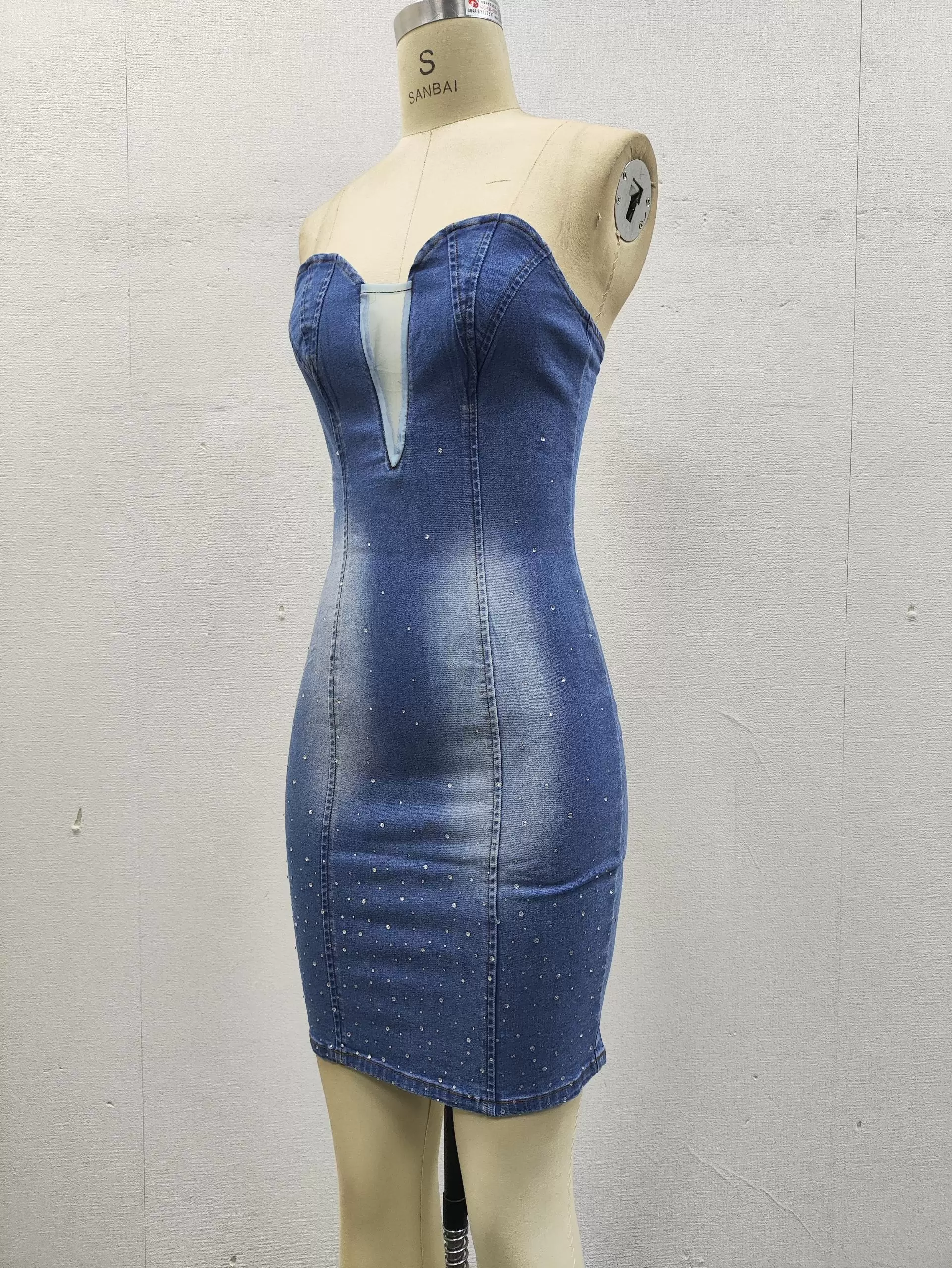 Sweetheart Neckline Mesh Insert Strapless Rhinestone Embellished Denim Bodycon Mini Dress