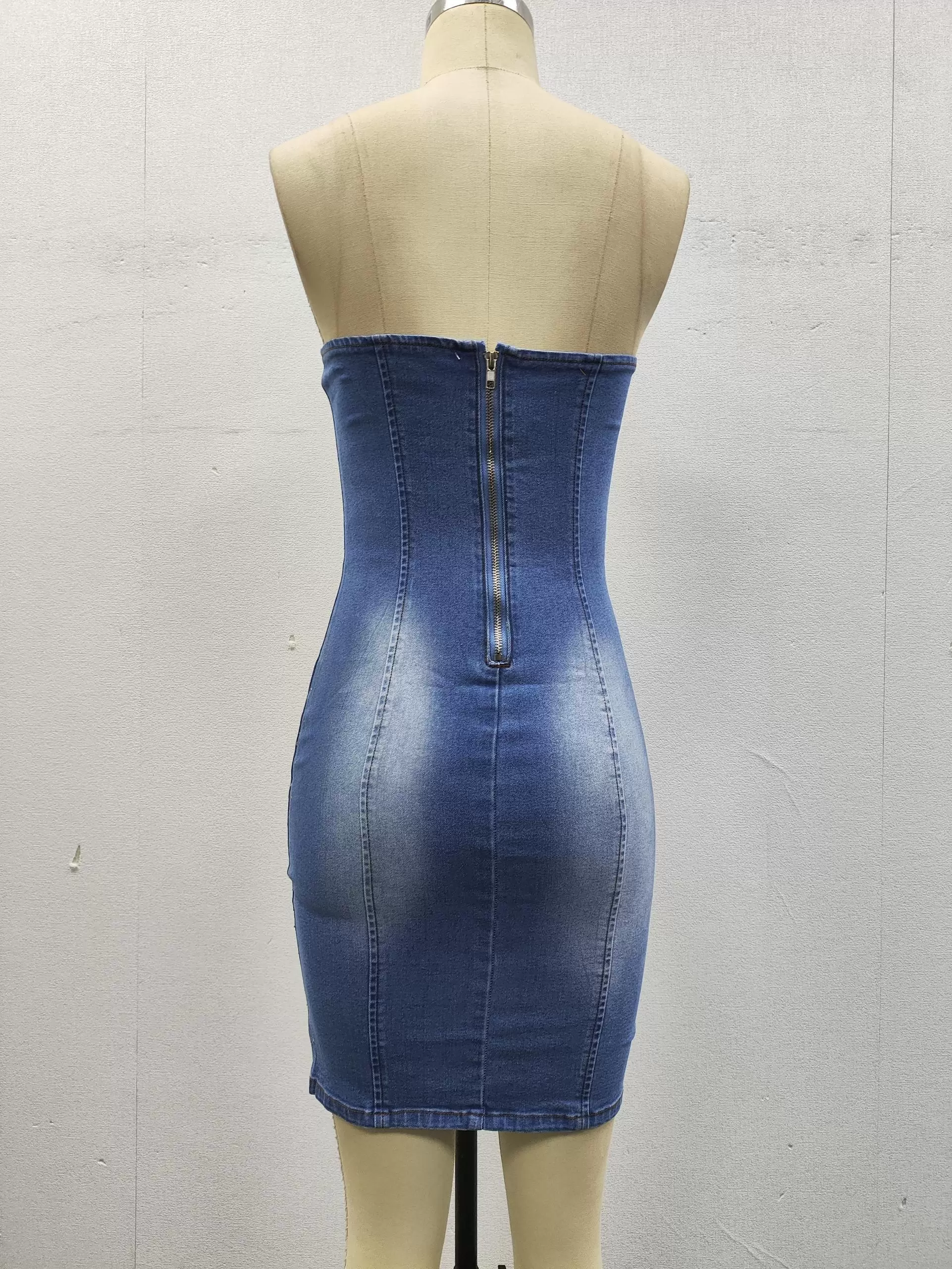 Sweetheart Neckline Mesh Insert Strapless Rhinestone Embellished Denim Bodycon Mini Dress