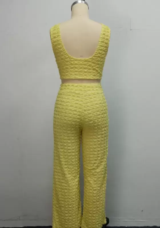 Yellow Textured Sleeveless Crop Top And High Waist Wide Leg Women